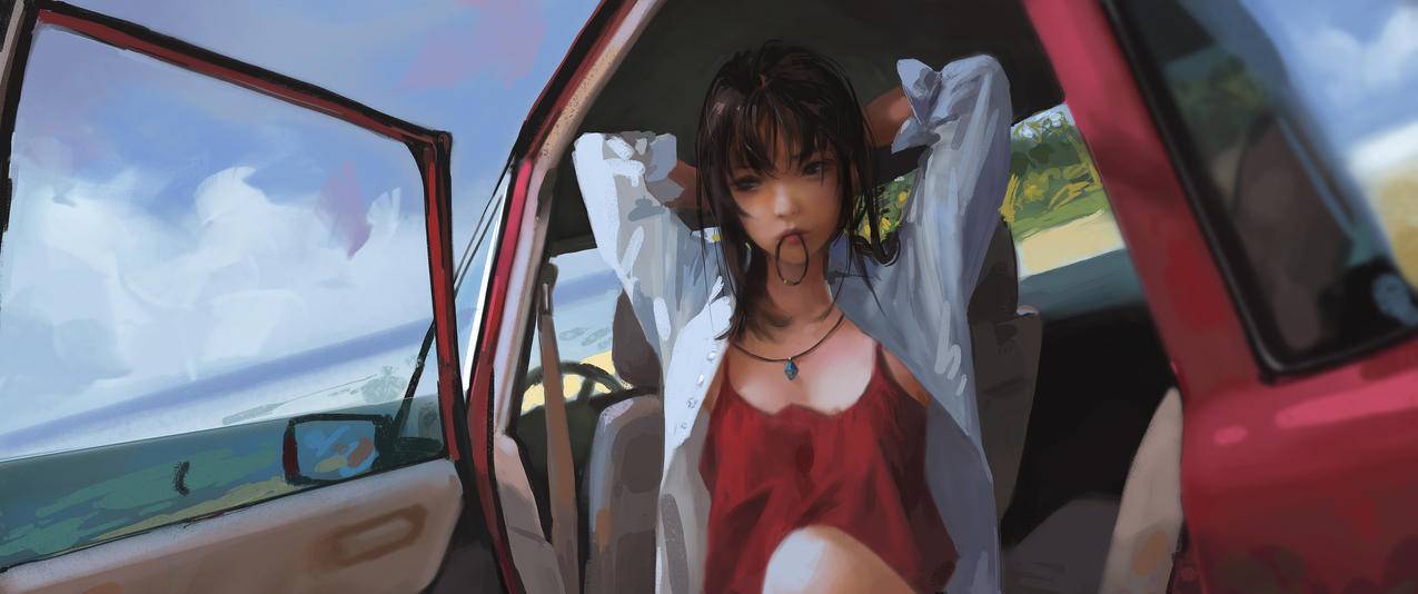 夏天 女孩 绑辫子 汽车3440x1440带鱼屏高清壁纸