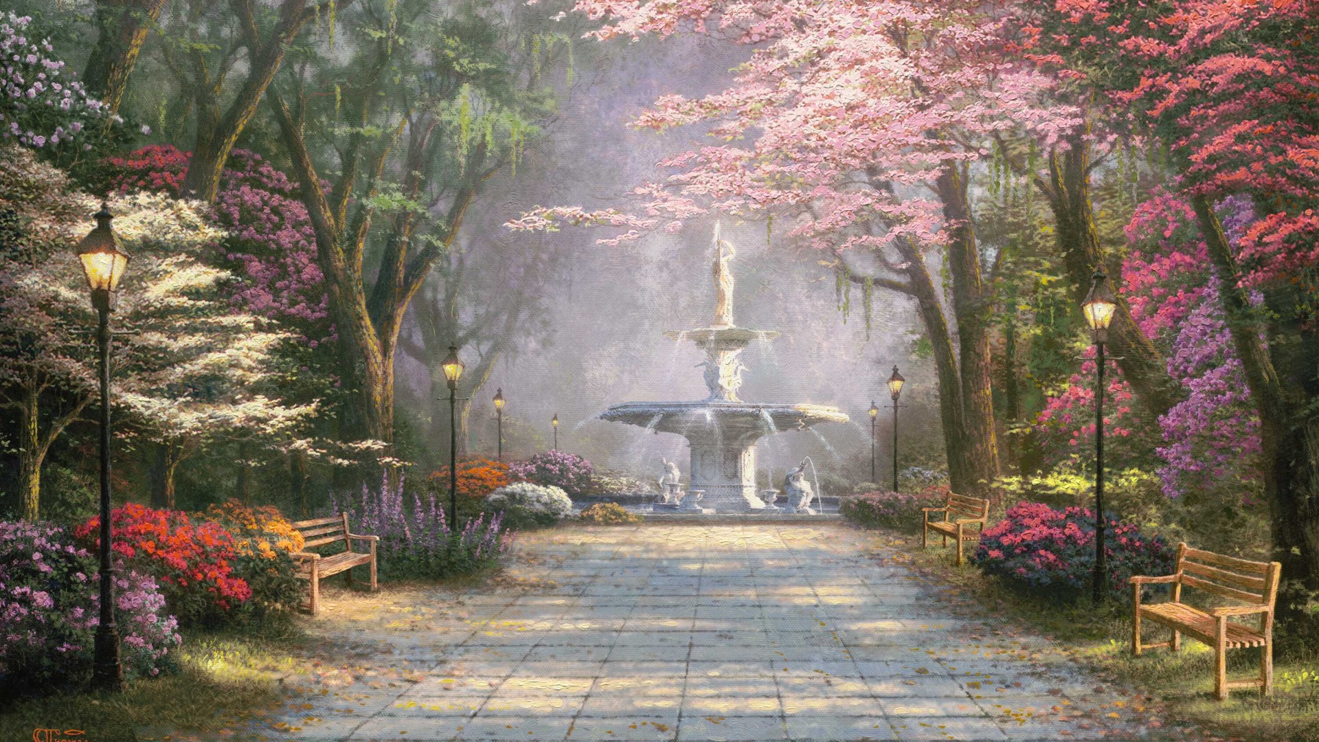森林浪漫,花园,喷泉,椅子,路灯,世外桃源,托马斯·金凯德,精美风景画高清壁纸