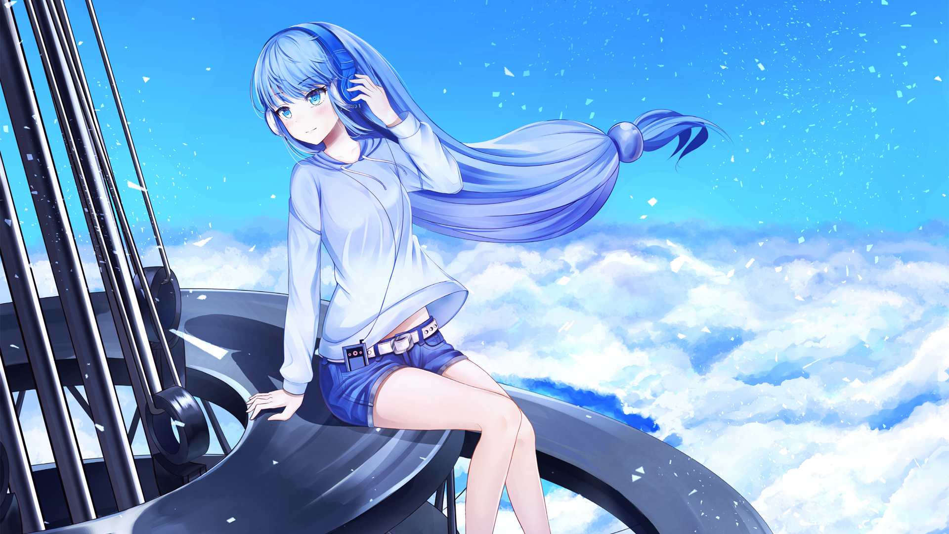天空风景 少女 长头发 牛仔短裤 音乐 唯美动漫高清壁纸