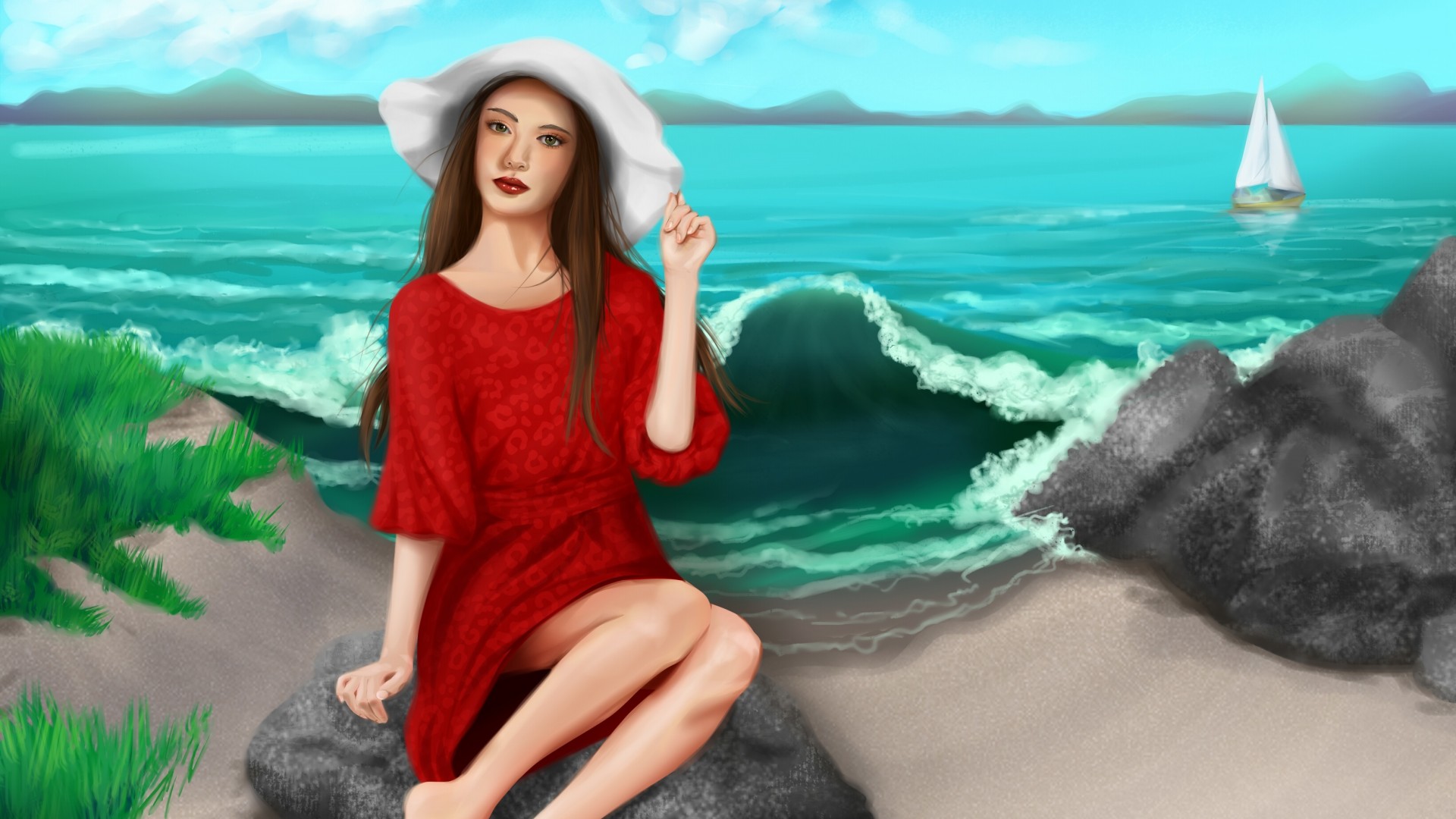 女孩,帽子,红色裙子,唯美,大海,海边,小船,精美绘画高清壁纸
