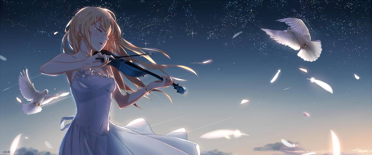 唯美天空鸽子拉小提琴的少女带鱼屏高清壁纸