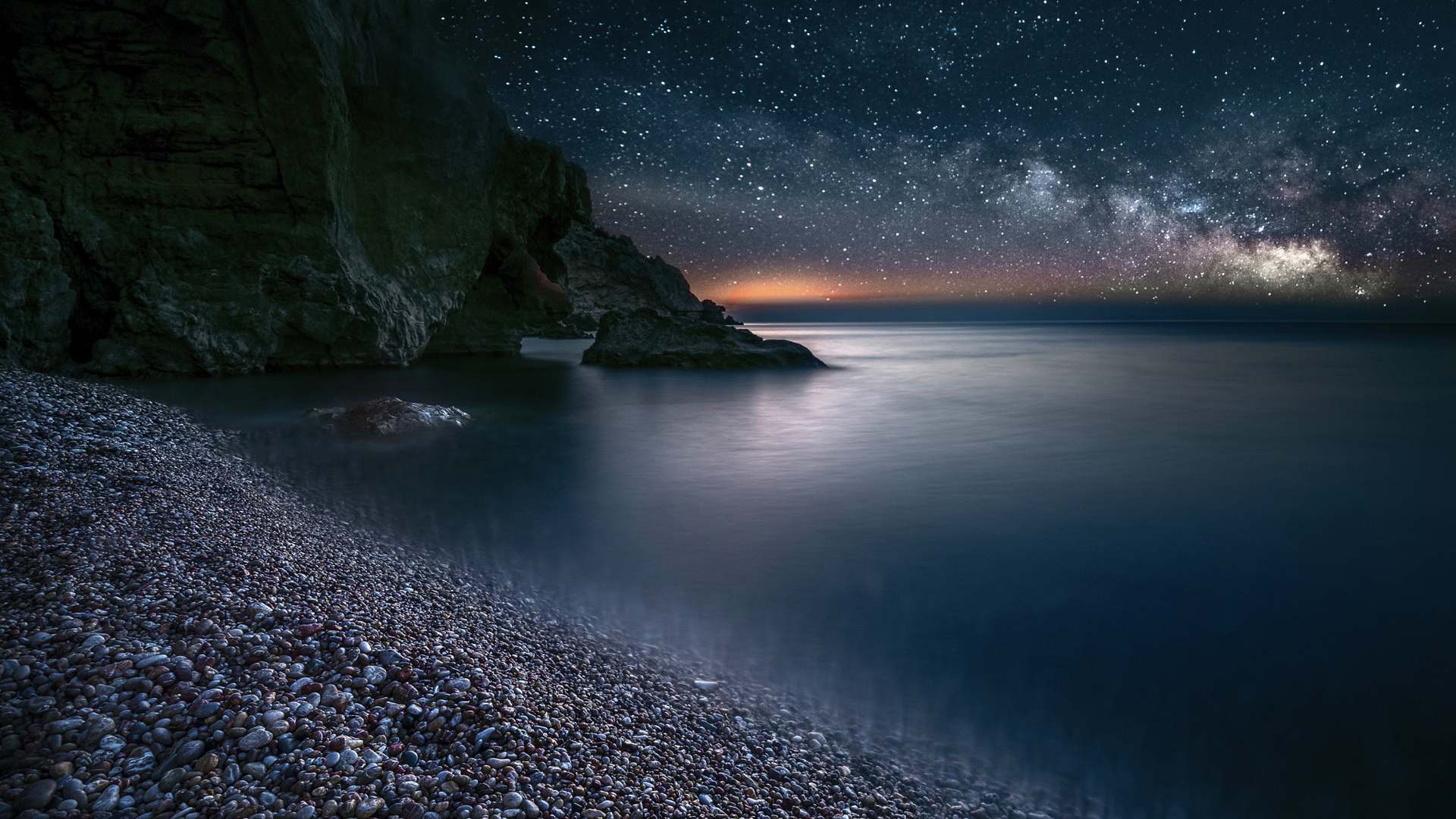 海滩 天空 星星 夜晚 石头 岩石 风景桌面高清壁纸