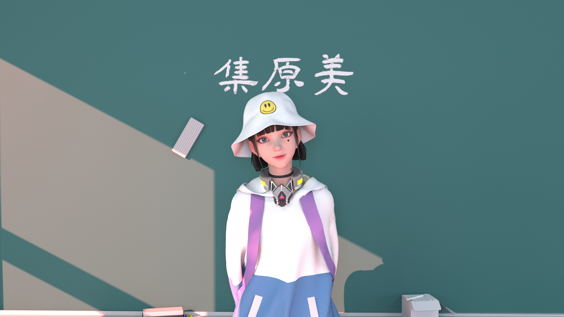 集原美 白色帽子 漂亮衣服 黑板 电脑高清壁纸