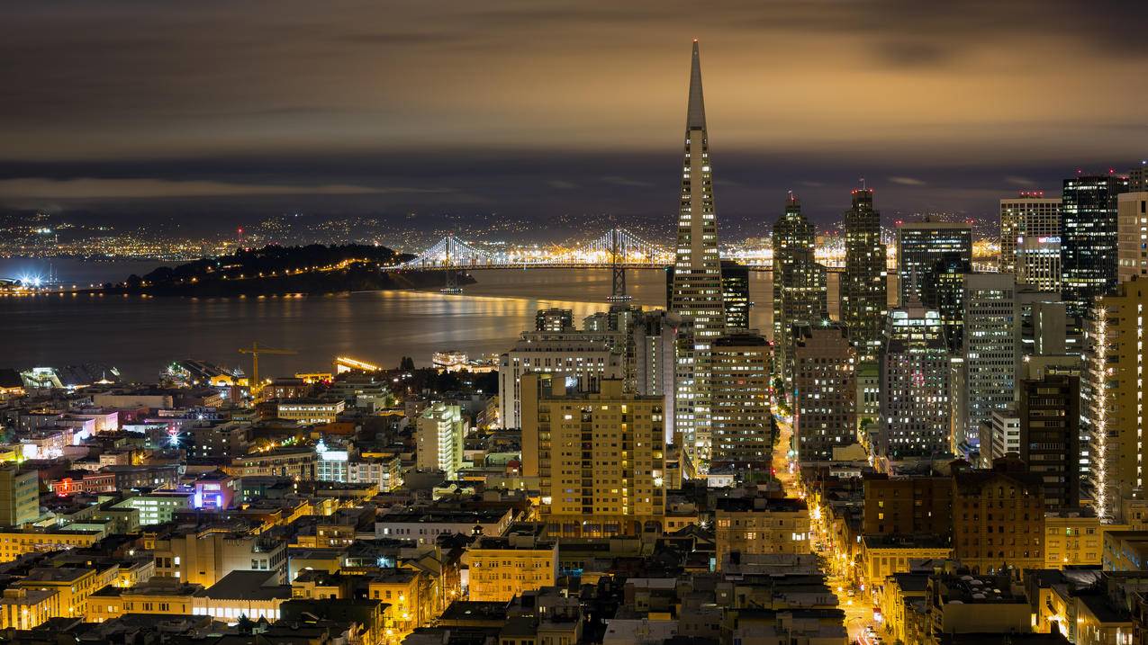 SF夜间天际线全景美丽的城市夜景4k高清壁纸