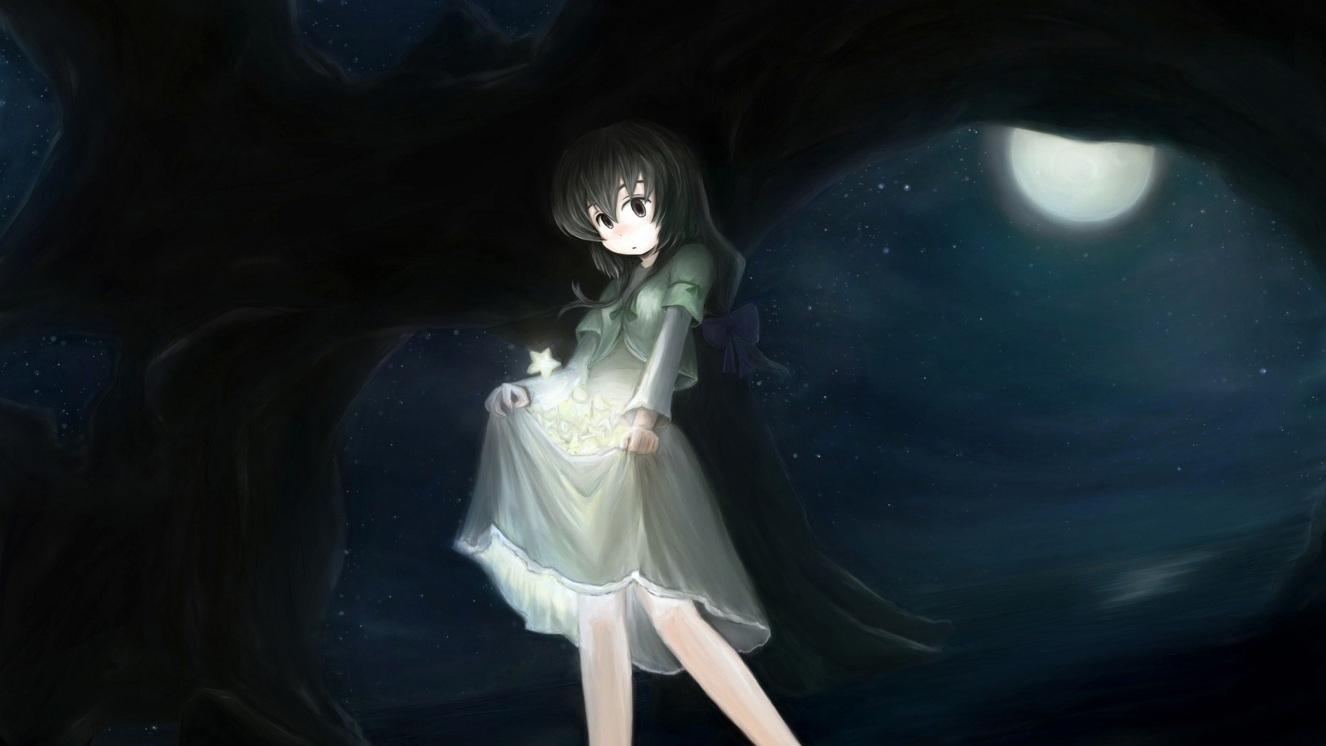 小女孩,漂亮小裙子,星星,月亮,高清壁纸