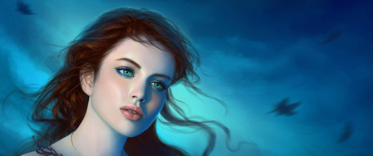 幻想的女孩绿色的眼睛带鱼屏高清壁纸