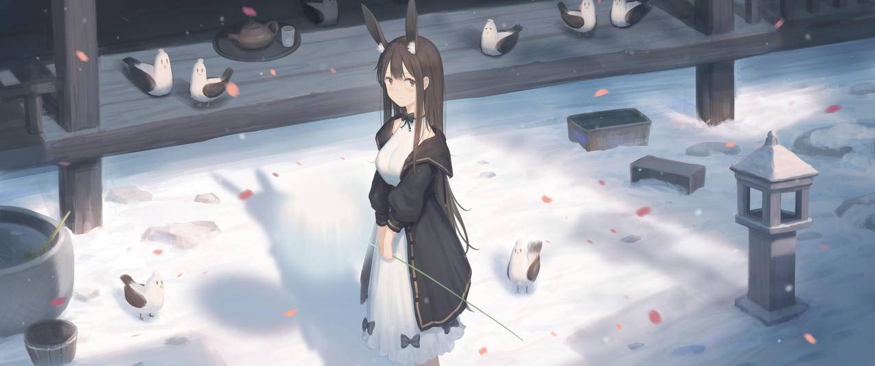 雪中的庭院 女孩 兽耳 鸟儿3440x1440带鱼屏高清壁纸