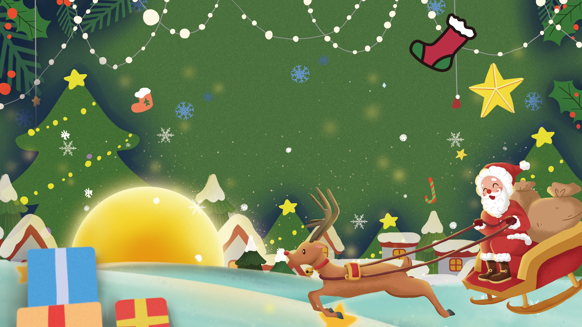 圣诞节平安夜 雪橇 圣诞老人 圣诞树 圣诞鹿 手绘圣诞节精选高清壁纸
