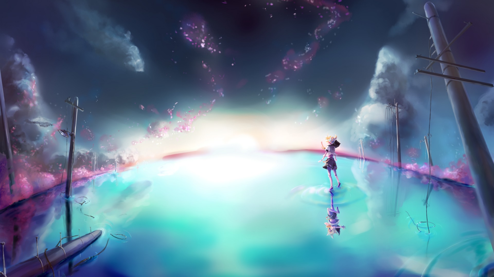 Vocaloid，镜音铃，镜音连，女孩，水，天空，美丽的场景，动漫高清壁纸
