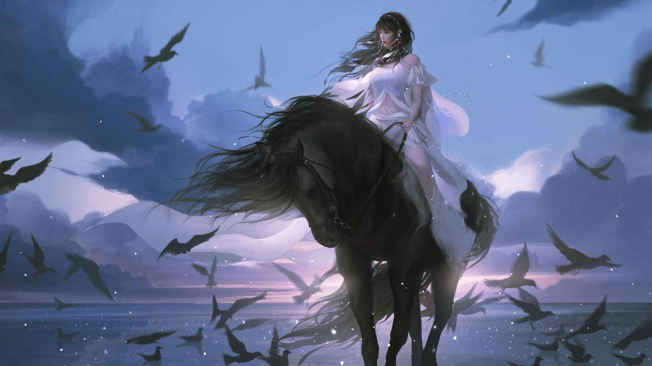 骑马 黑马 风 鸟 白裙女孩 海 云4K精选动漫高清壁纸