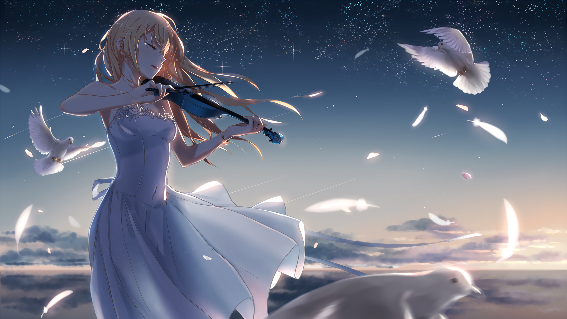 星空 少女 小提琴 白鸽 唯美动漫高清壁纸