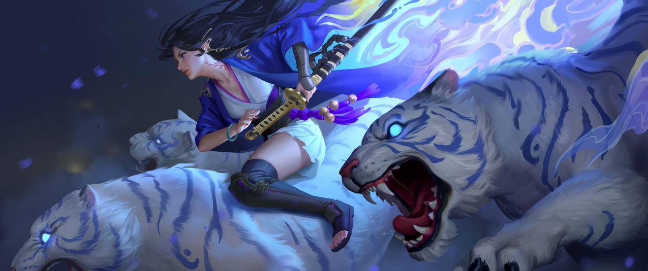 女神 美女 武士刀 老虎 3440x1440带鱼屏高清壁纸
