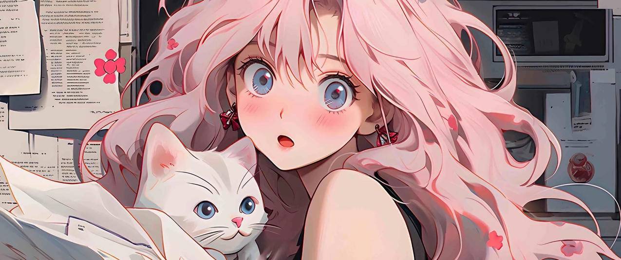 报纸墙 粉色大波浪少女 白猫 3440*1440带鱼屏高清壁纸