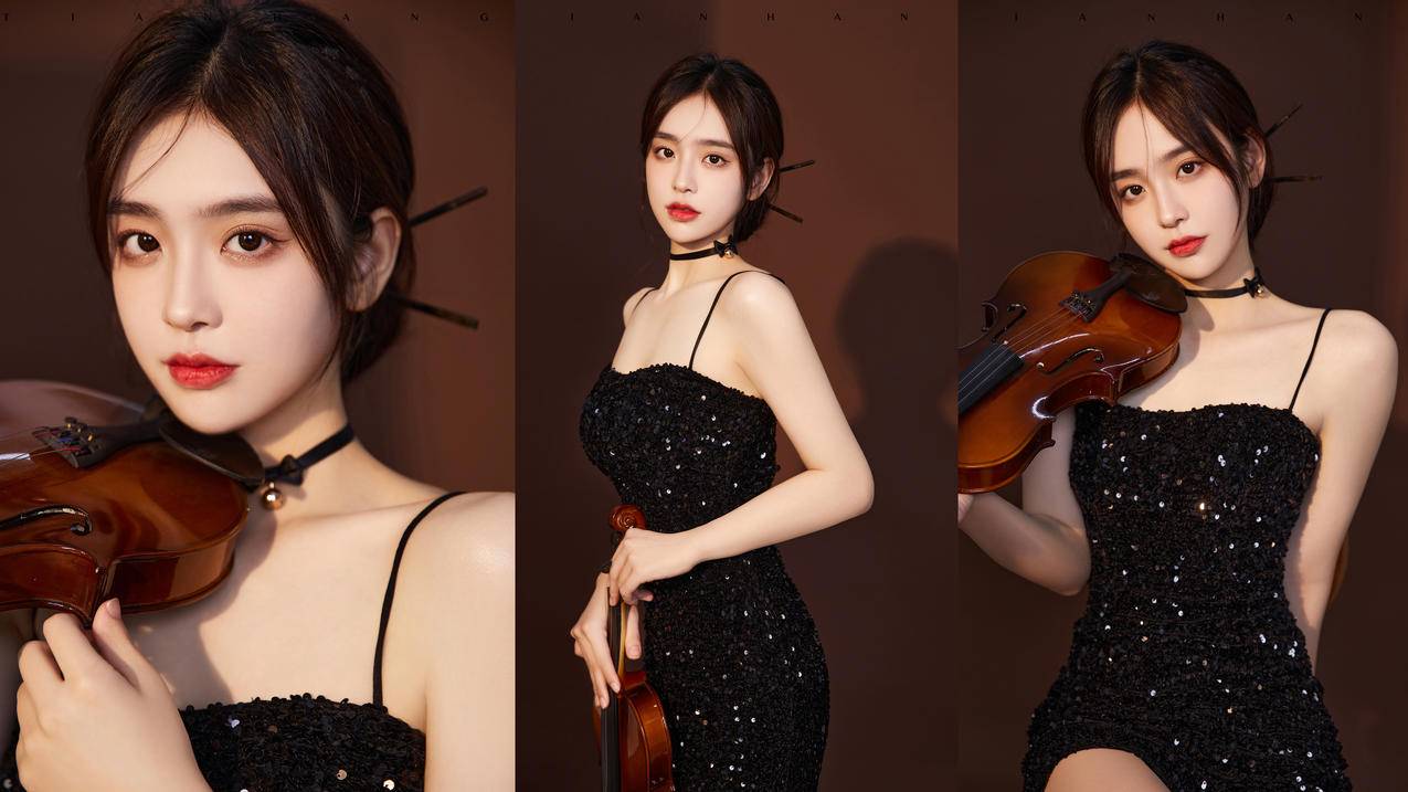 小提琴气质好身材美女 黑色裙子4k美女高清壁纸