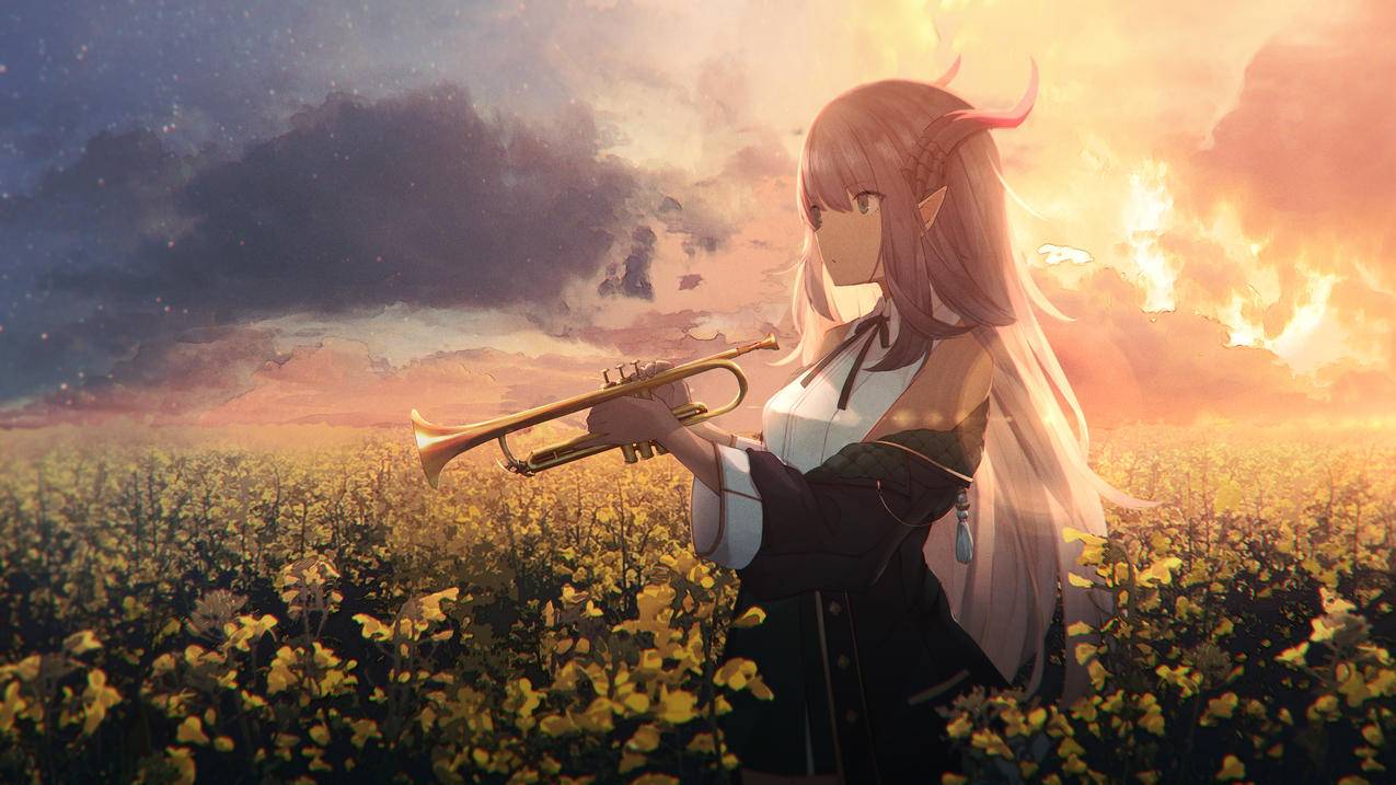 黄昏 奇幻 女孩少女兽角 乐器 油菜花 4k动漫高清壁纸3840x2160
