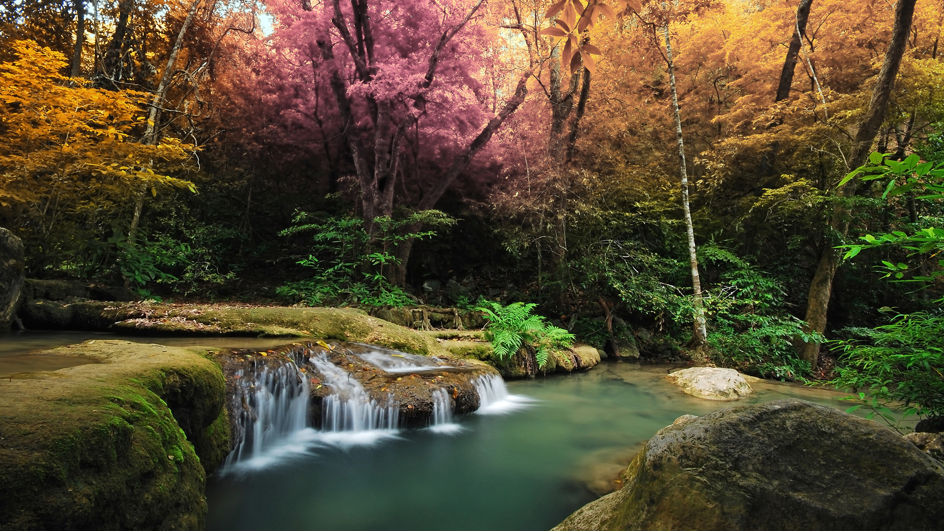 美丽森林瀑布风景桌面高清壁纸
