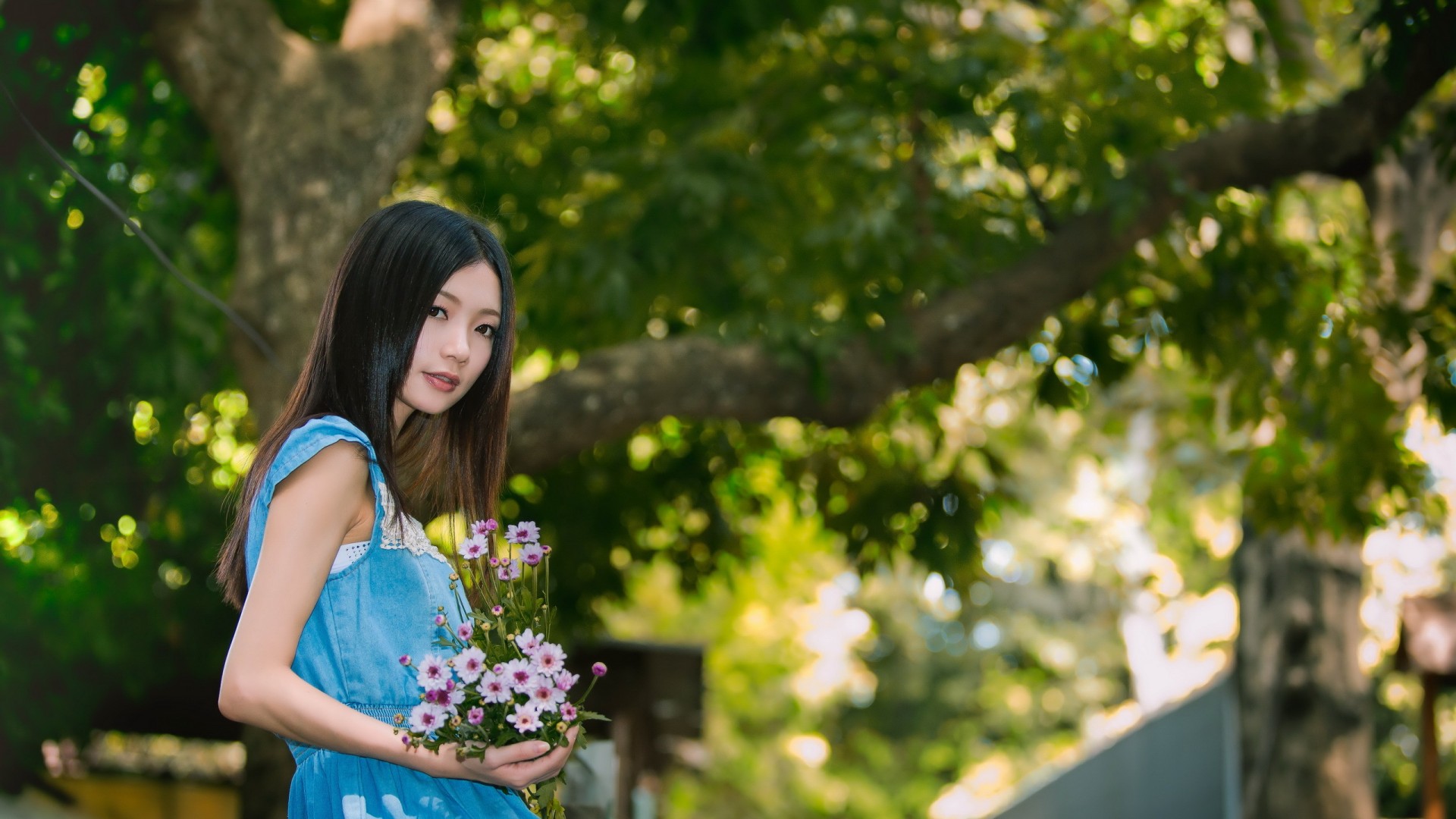 清纯女孩，花，蓝色小裙子，小清新，绿树，美女护眼高清壁纸