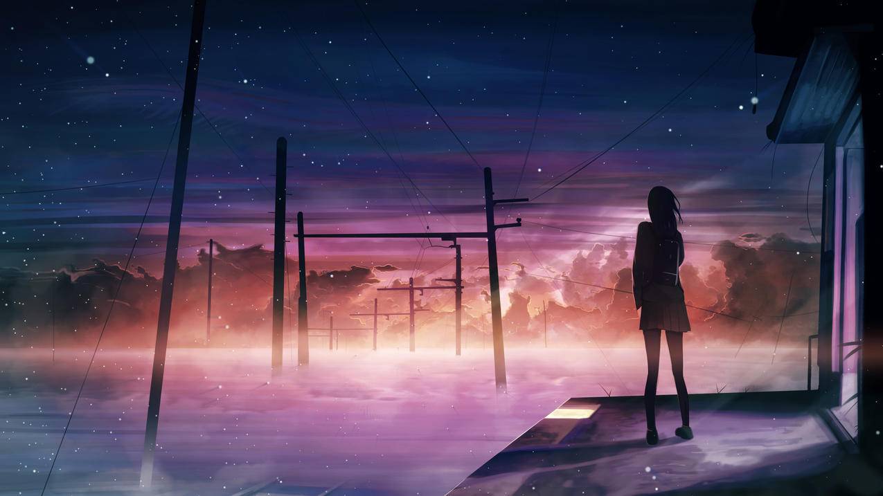 夕阳 电线杆 异世界 星空 女生 4K动漫高清壁纸