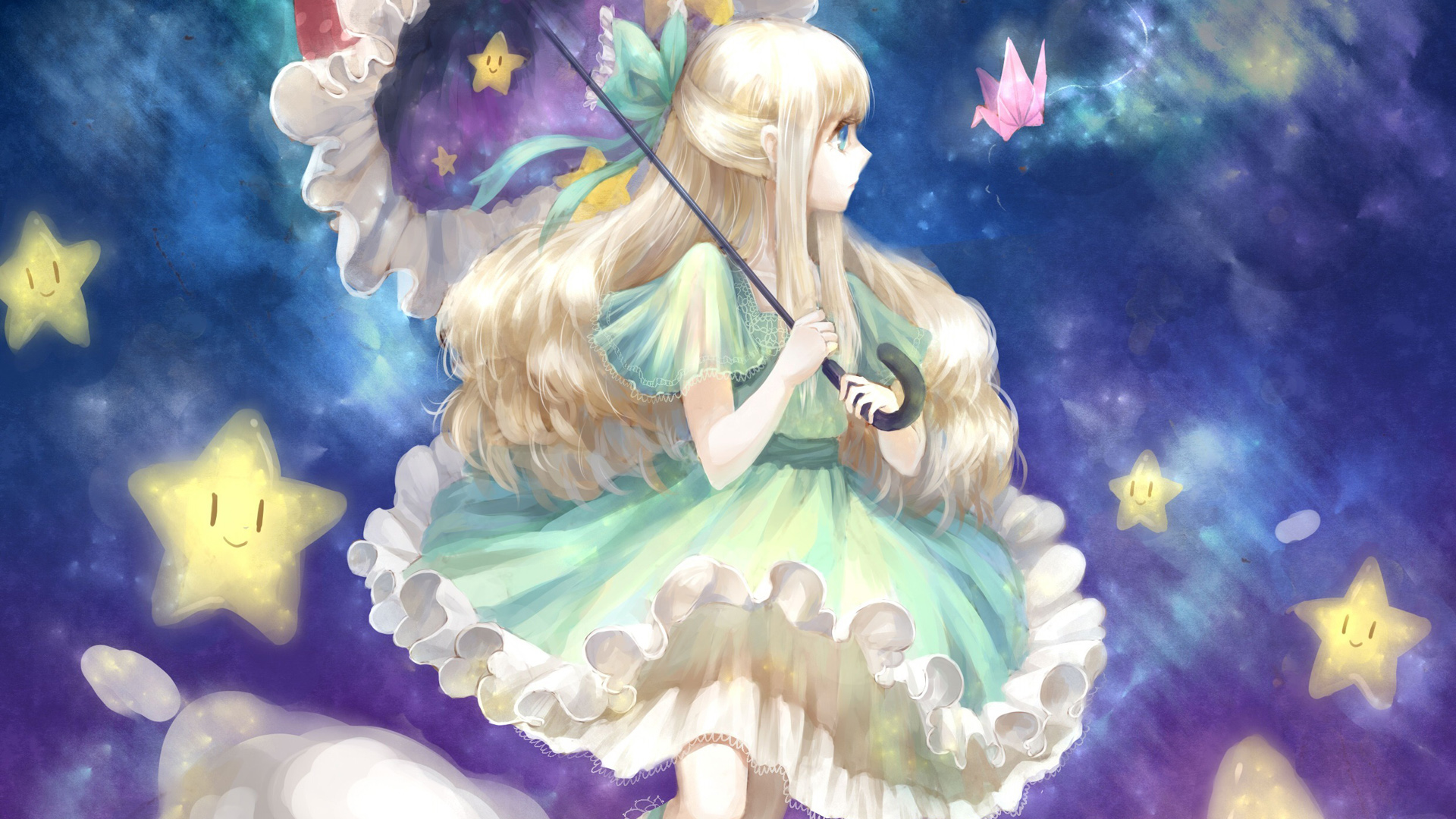 可爱动漫女孩，漂亮裙子，伞，可爱星星，千纸鹤，动漫桌面高清壁纸