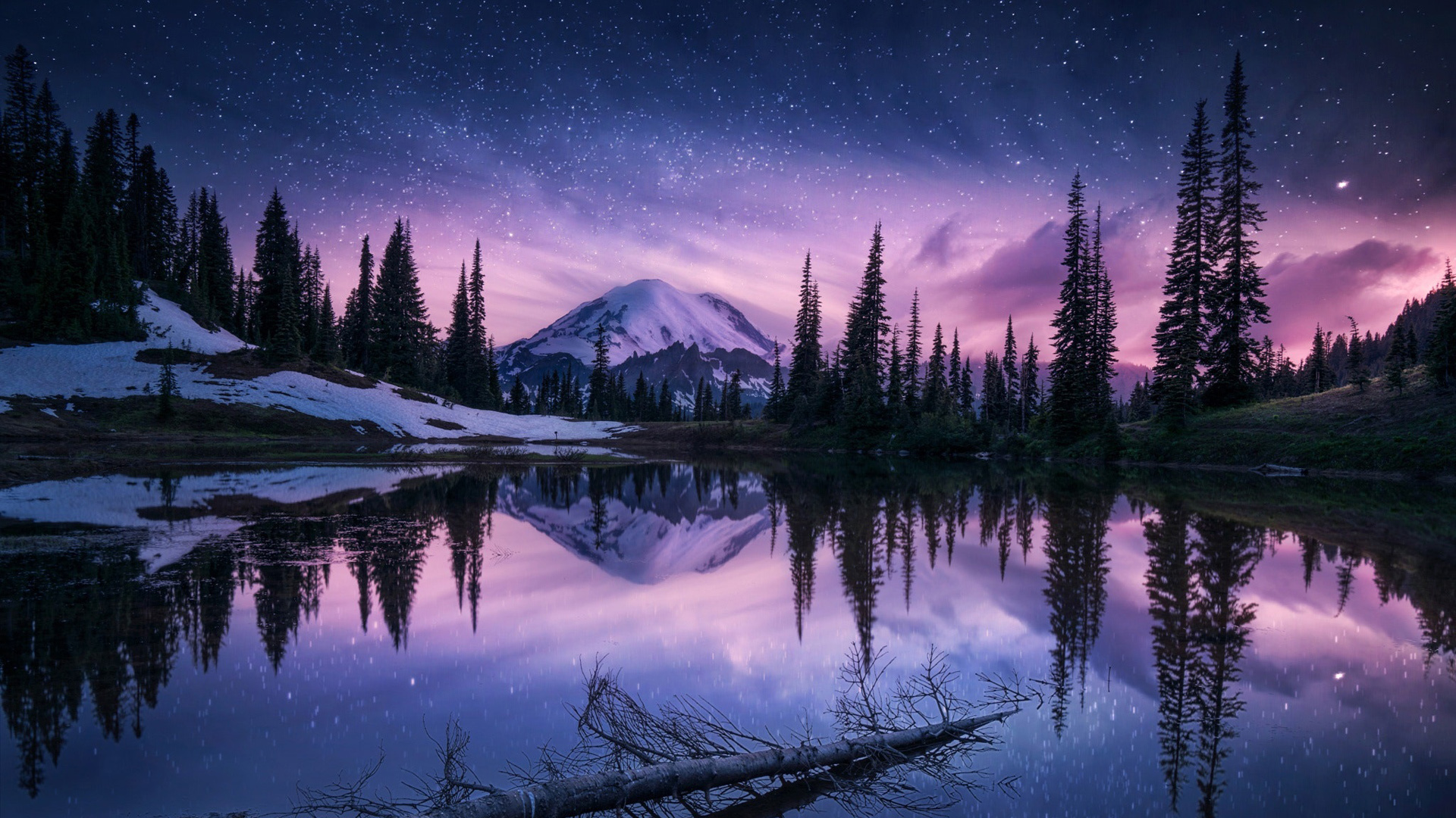 森林 天空 山 晚上 湖 星空 风景桌面高清壁纸