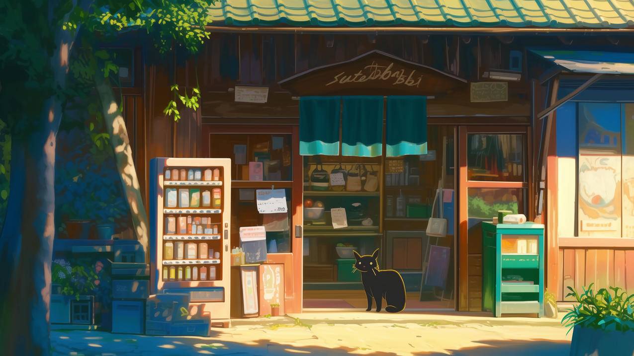小卖铺 食杂店 小猫 动漫风景 4k高清壁纸3840x2160