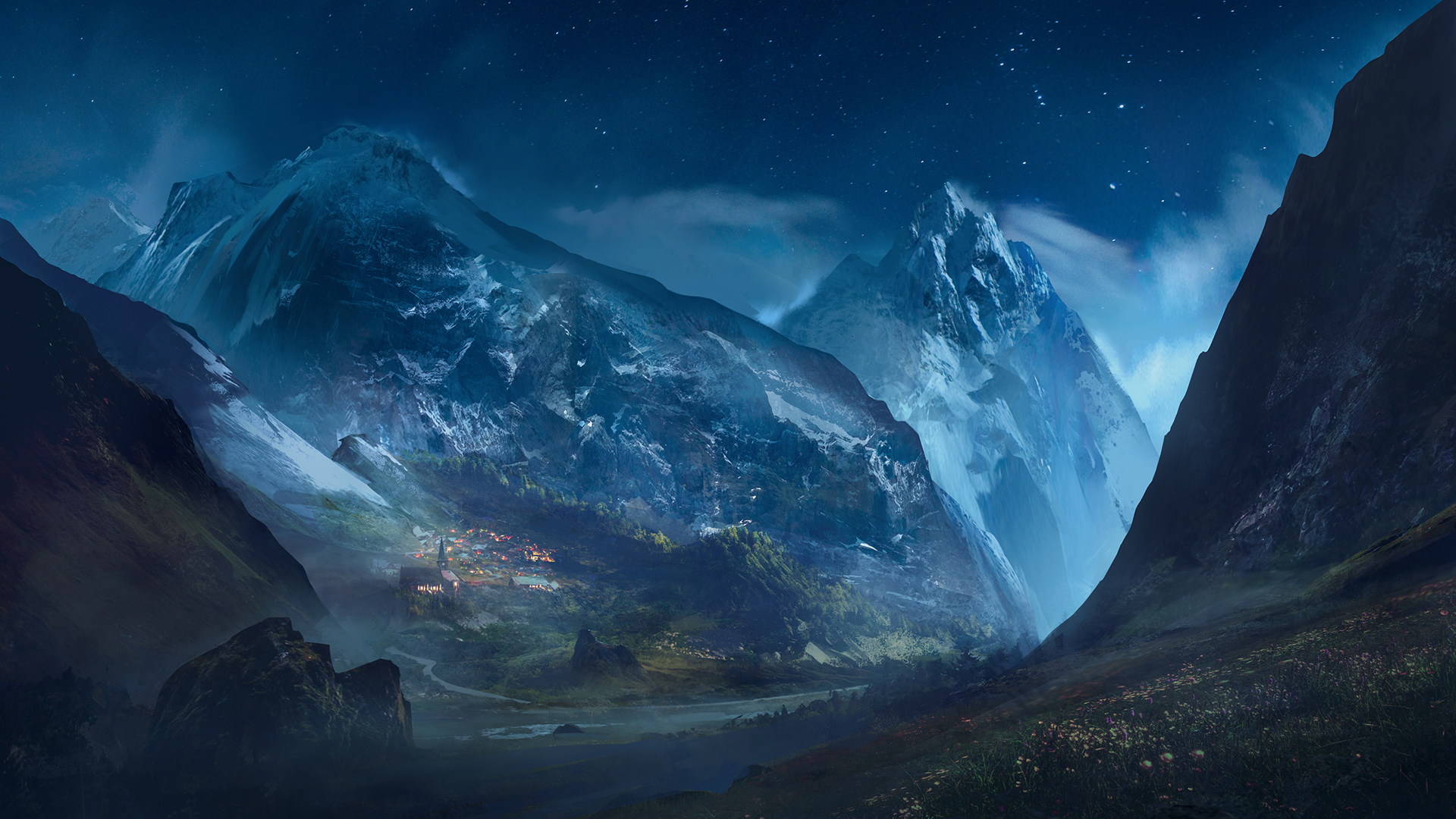 高山,山谷,夜晚,星星,风景桌面高清壁纸