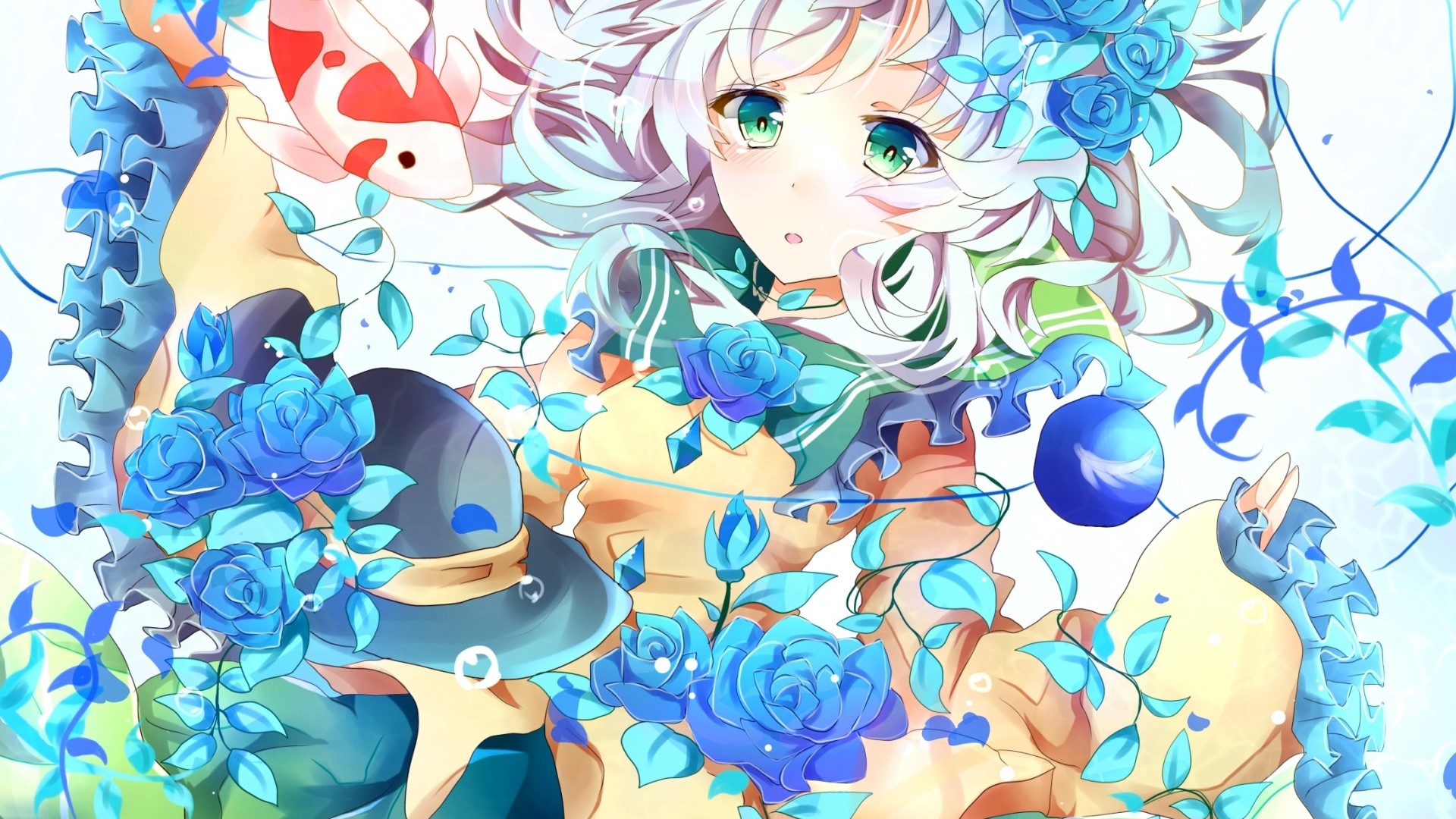 女孩帽子蓝色的花鱼动漫精美桌面高清壁纸
