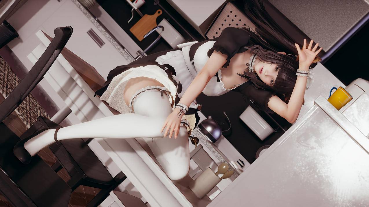 女仆 餐桌椅上 厨房 冰箱 3D 4K精选动漫高清壁纸 4K手机高清壁纸