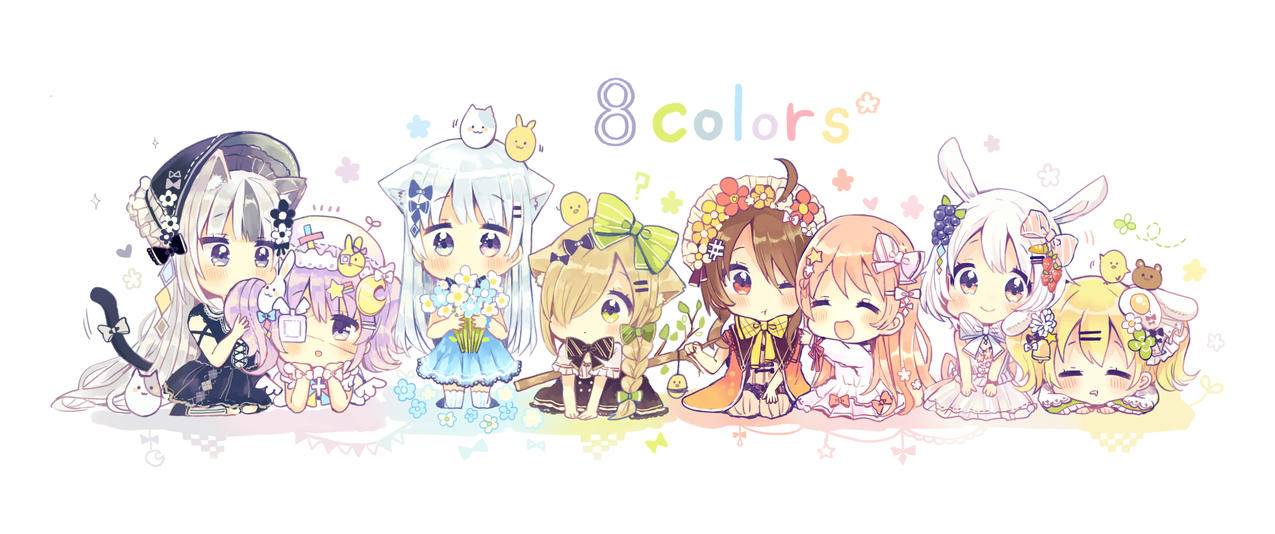 8colors8个可爱小女孩动漫带鱼屏高清壁纸