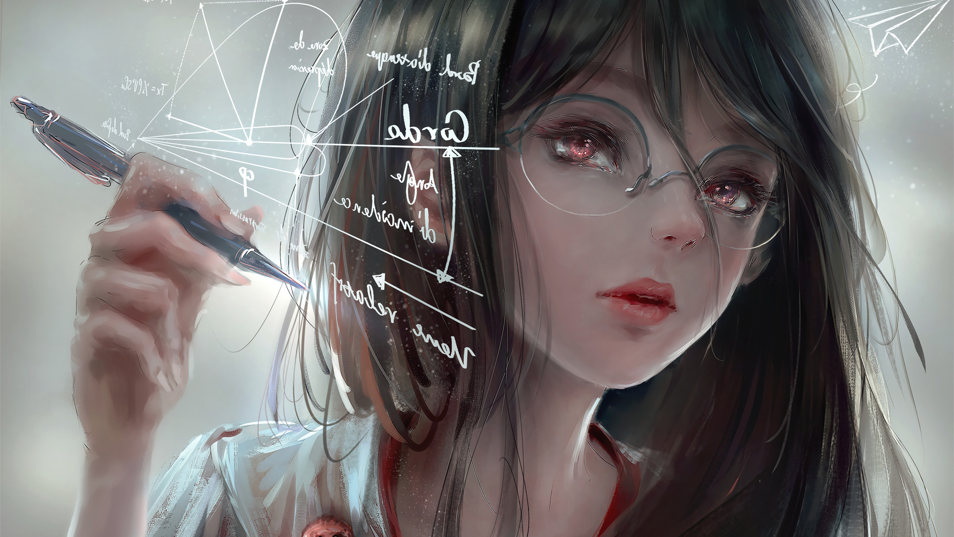 好好学习 天天向上 厚涂 女孩子眼镜 笔 工程师 板绘 好看动漫高清壁纸