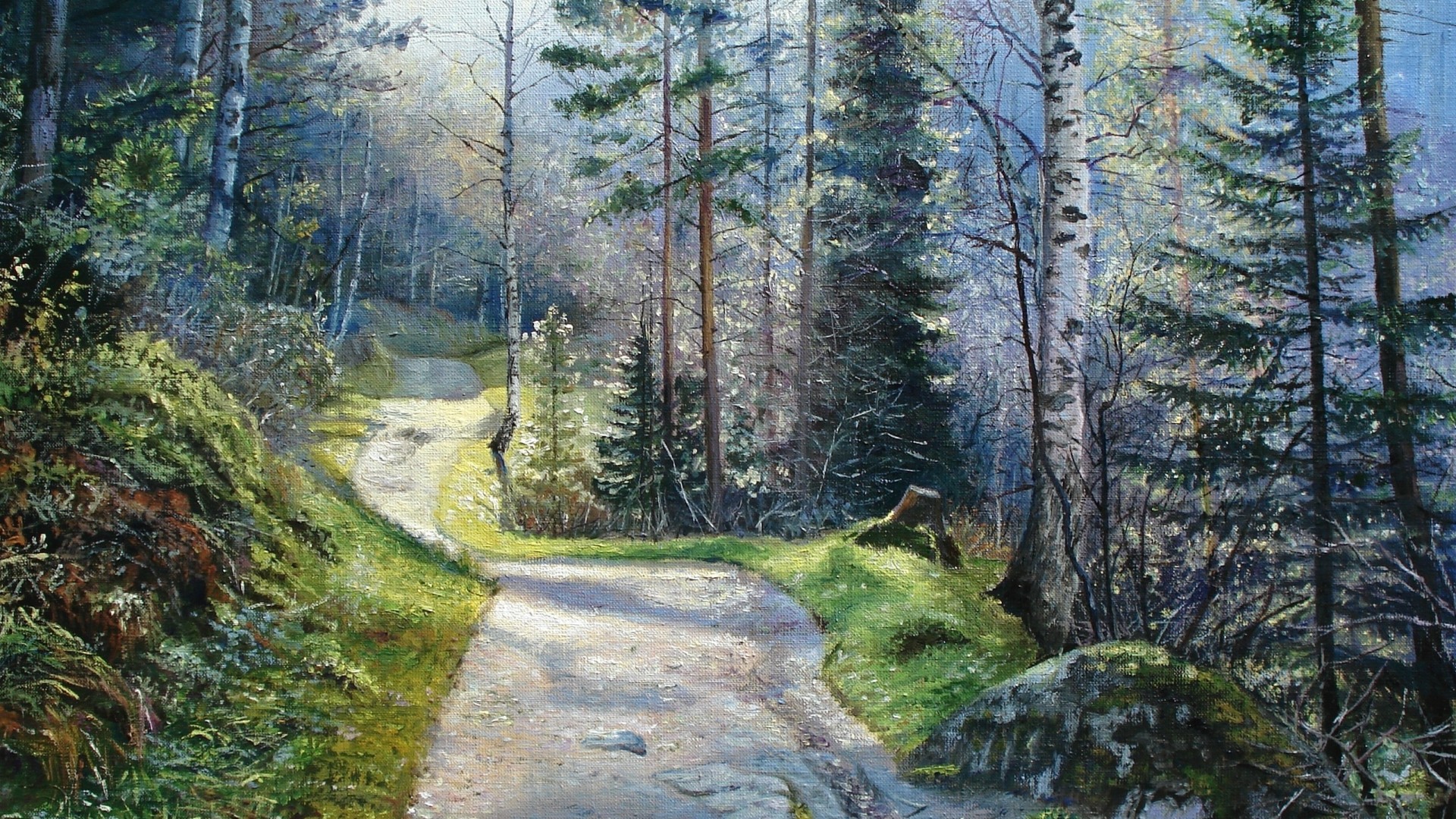 森林,树,小路,石头,精美绘画风景桌面高清壁纸