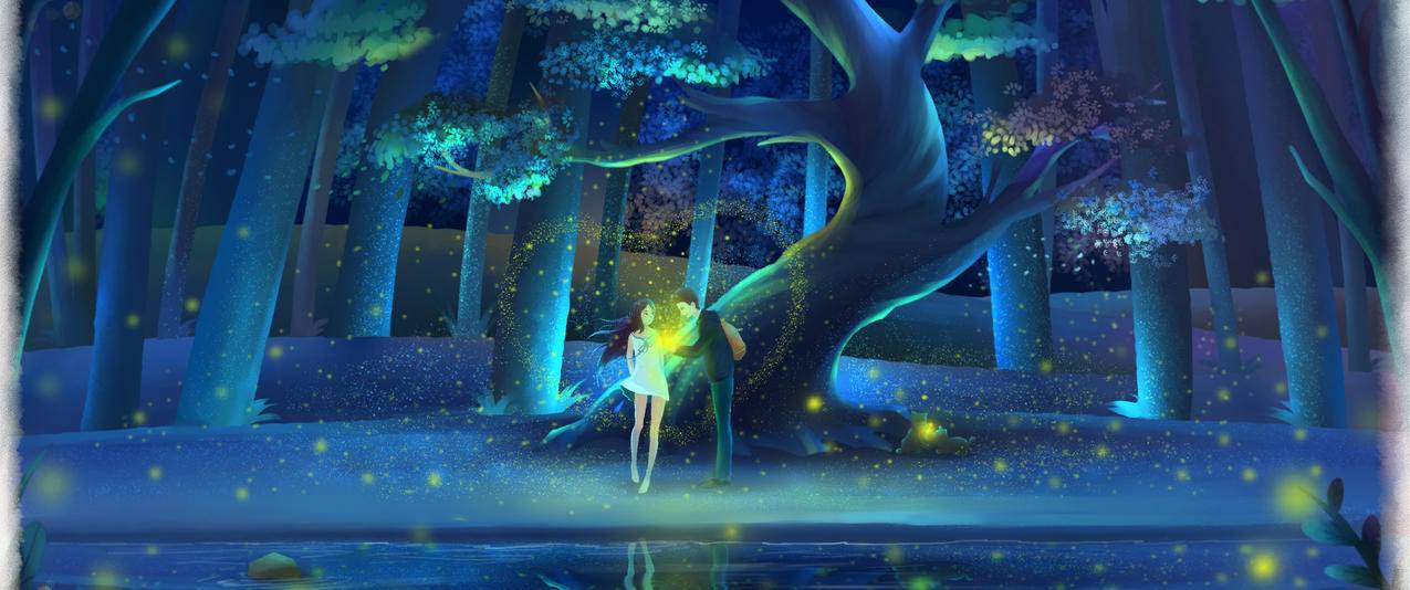 梦幻森林情侣恋人手绘插画唯美意境带鱼屏高清壁纸