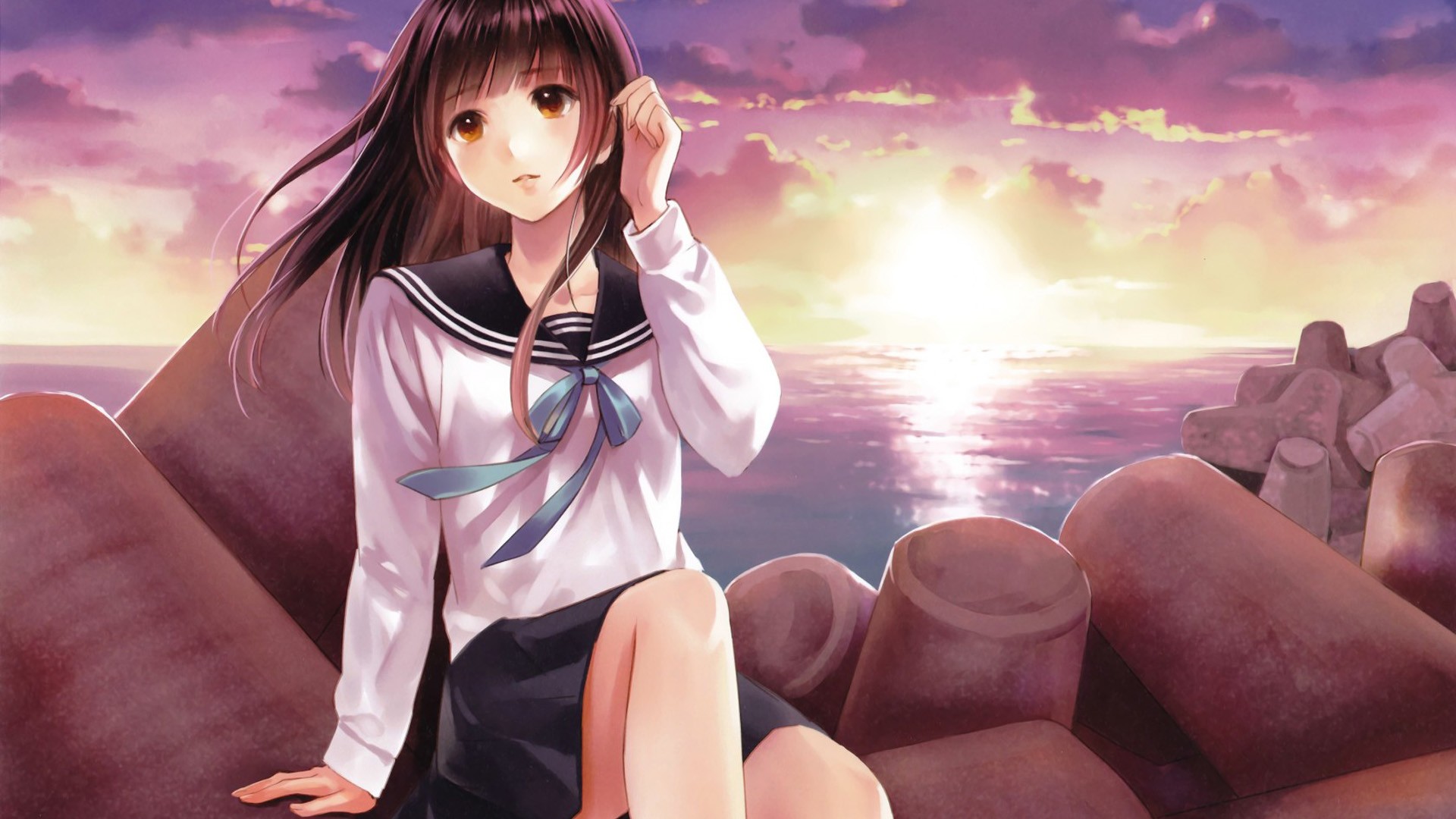 海边吹风的少女,动漫女生,可爱高清壁纸