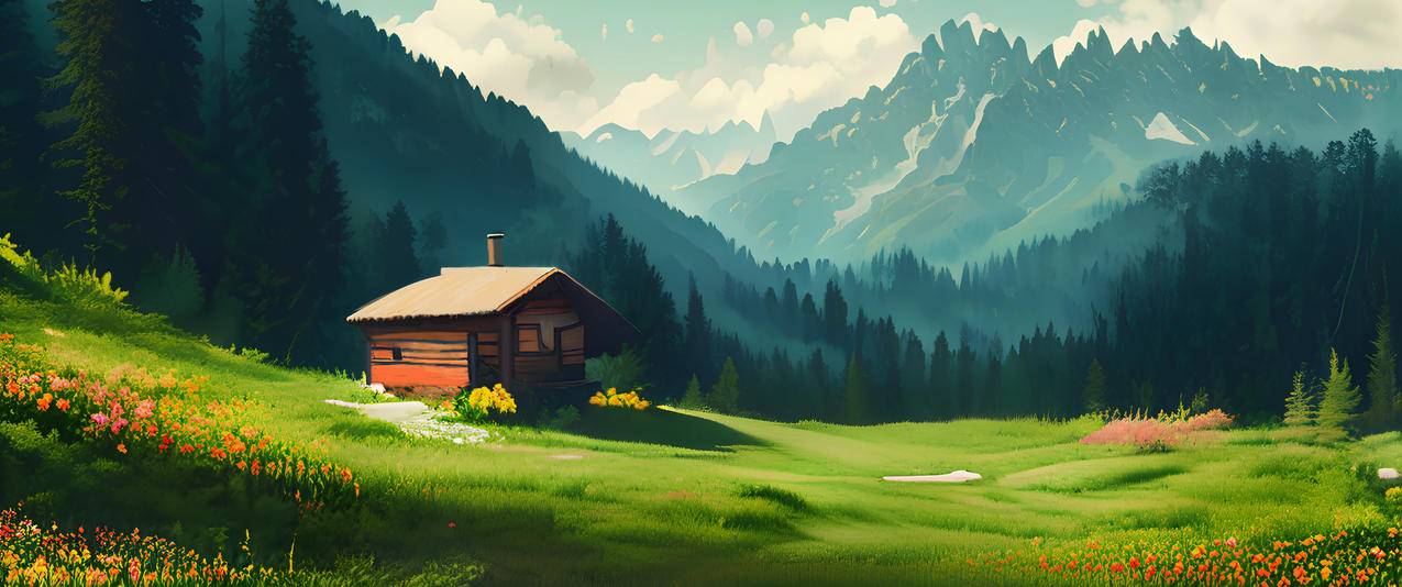 阿尔卑斯山风景 鲜花 小木屋 绿草地 森林3440x1440高清壁纸