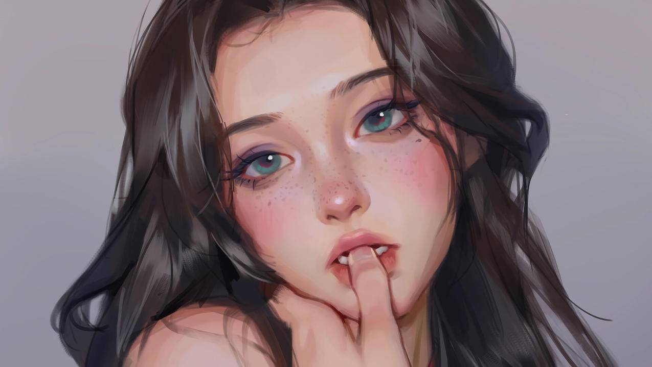 长发个性动漫美女 嘴唇 大拇指 4k高清壁纸