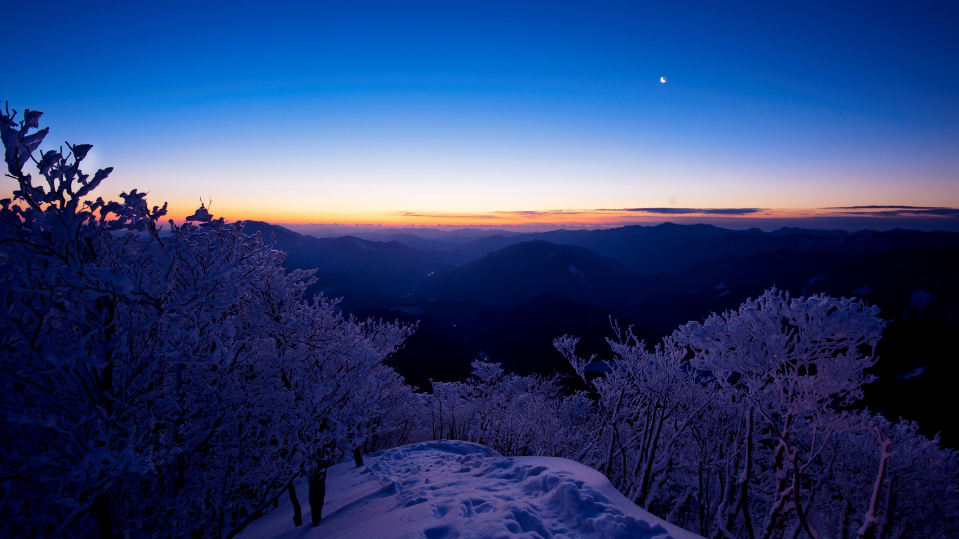 天空,夕阳,山,雪,树风景桌面高清壁纸
