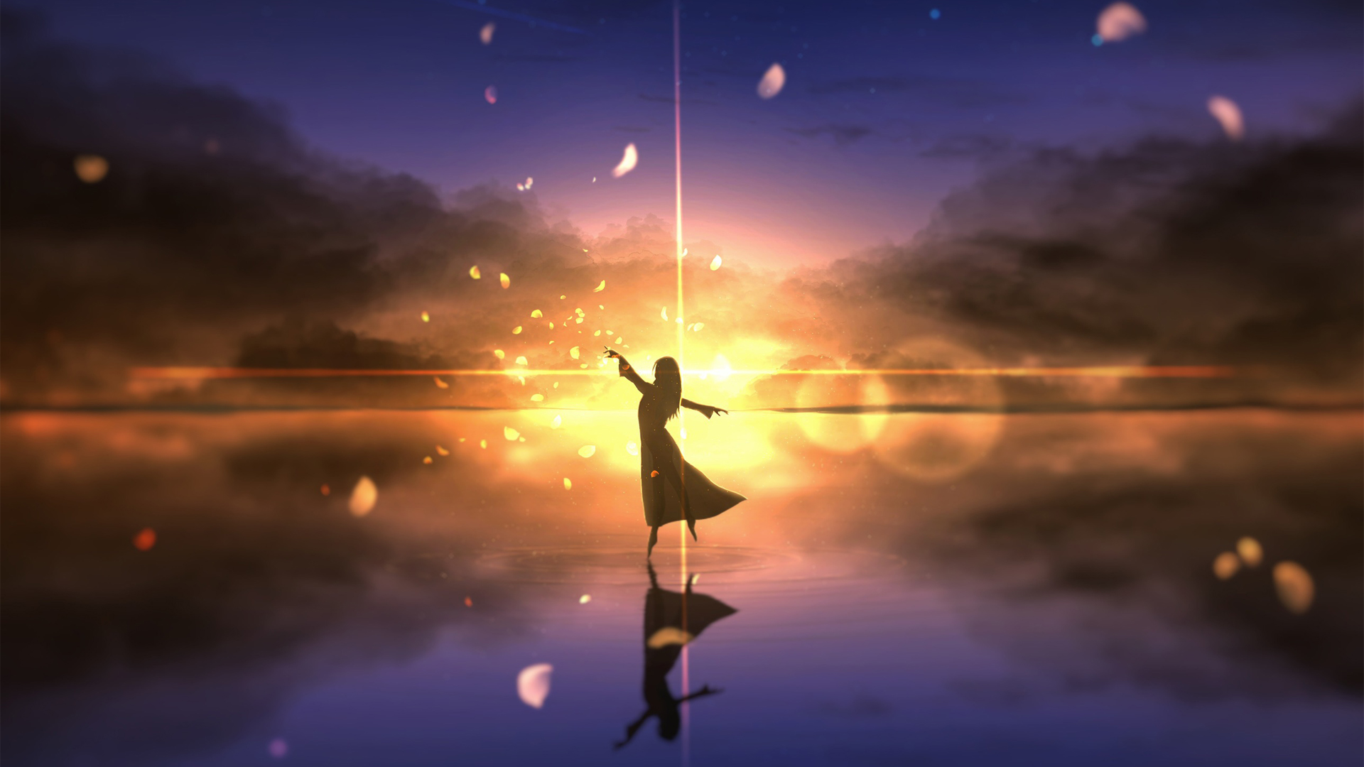 黄昏 夕阳 女孩子幻想 飞舞 天空 水面 动漫风景背景高清壁纸