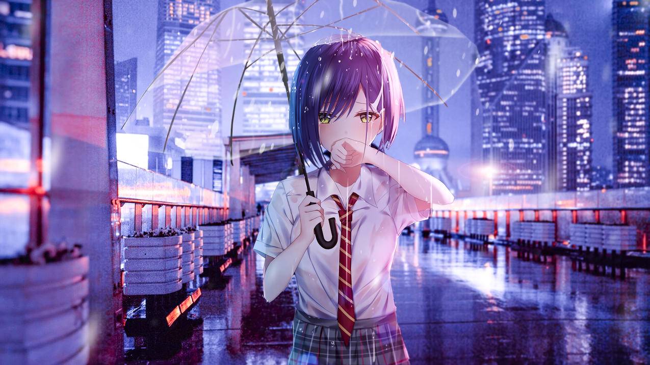 雨天 打伞的女孩学生 眼泪 城市 4k动漫高清壁纸