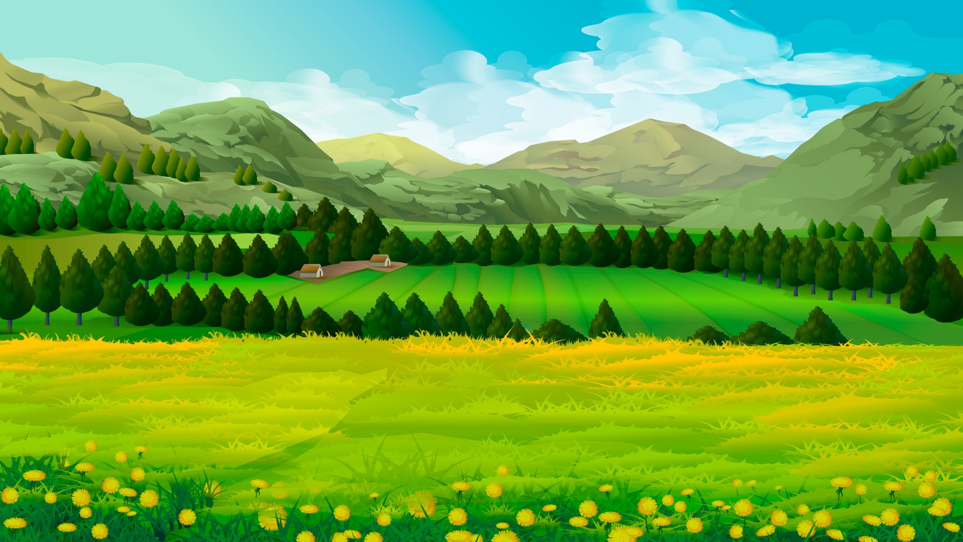 草甸，蒲公英，树木，山，风景，精美绘画桌面高清壁纸