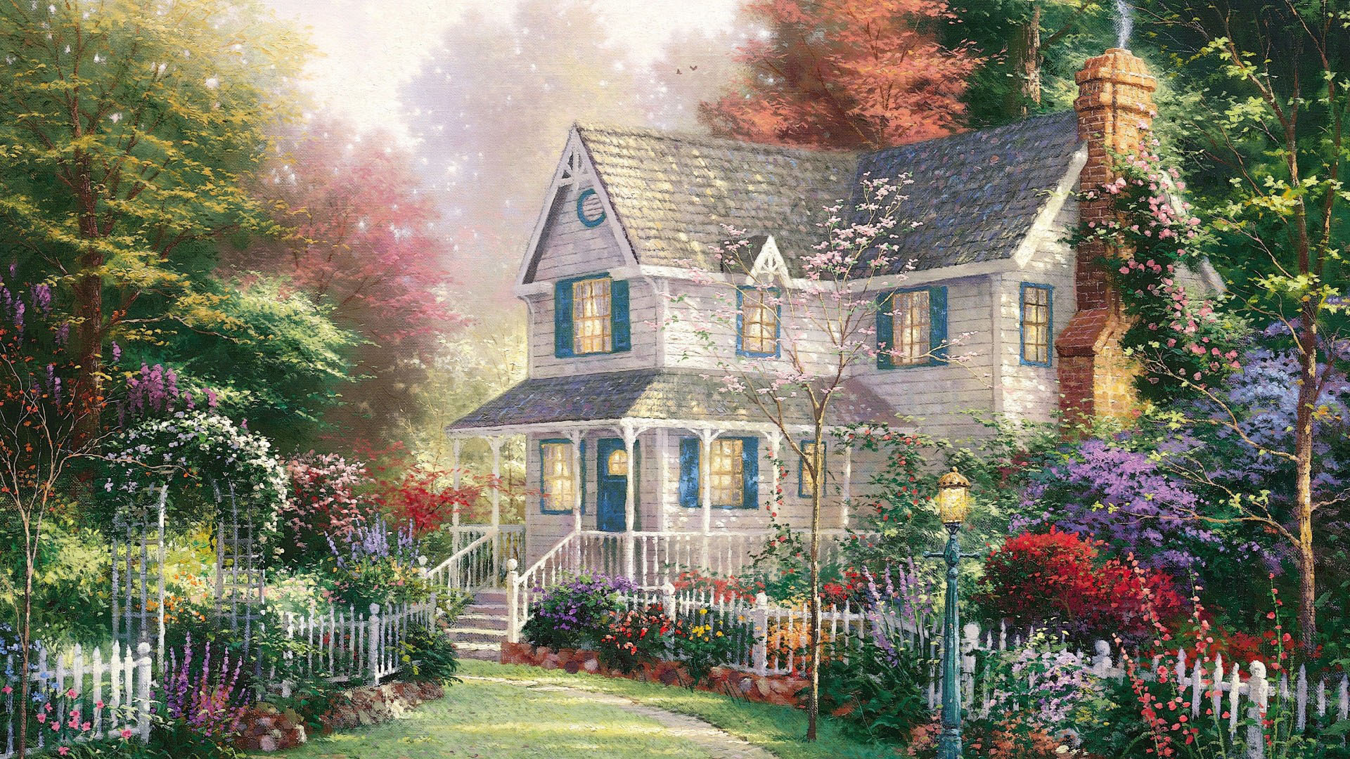 托马斯Kinkade,绘画,平房,房子,花园,桌面高清壁纸