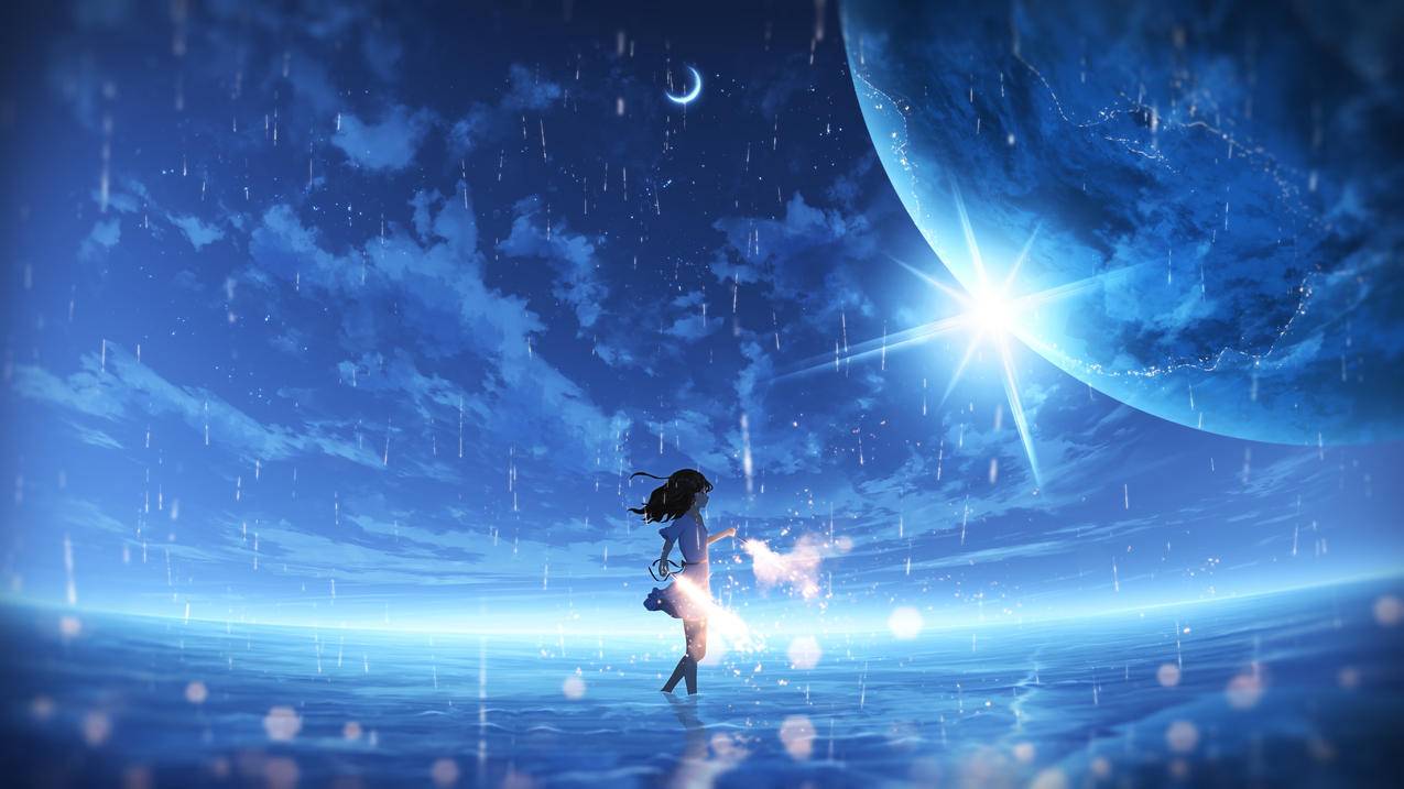 烟花 星球 月亮 海水 女孩 4K精选动漫高清壁纸