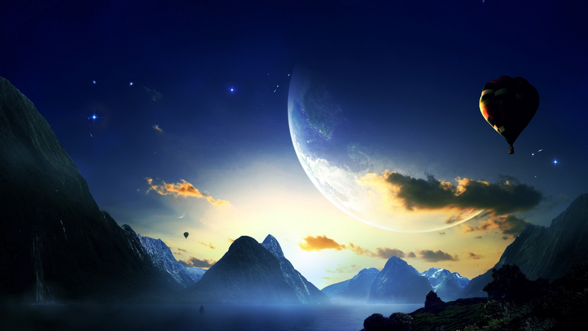 日落 山 星球 风景桌面高清壁纸