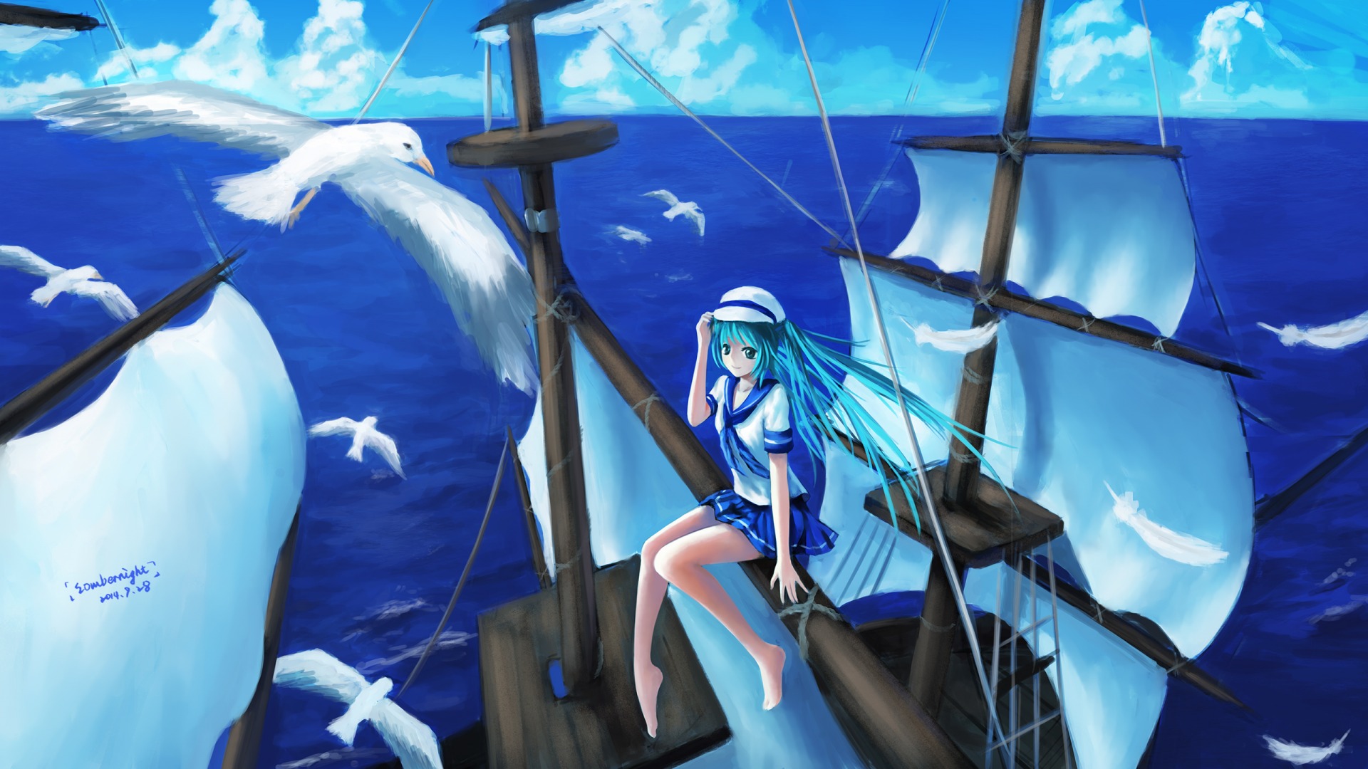 初音未来，女孩，航海，大海，帆船，小鸟，好看动漫高清壁纸