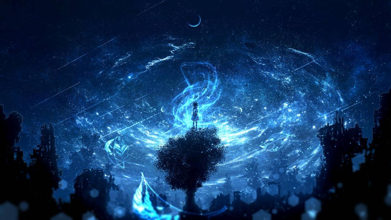 树 女孩 光 星星 月亮 唯美 4K动漫精选高清壁纸