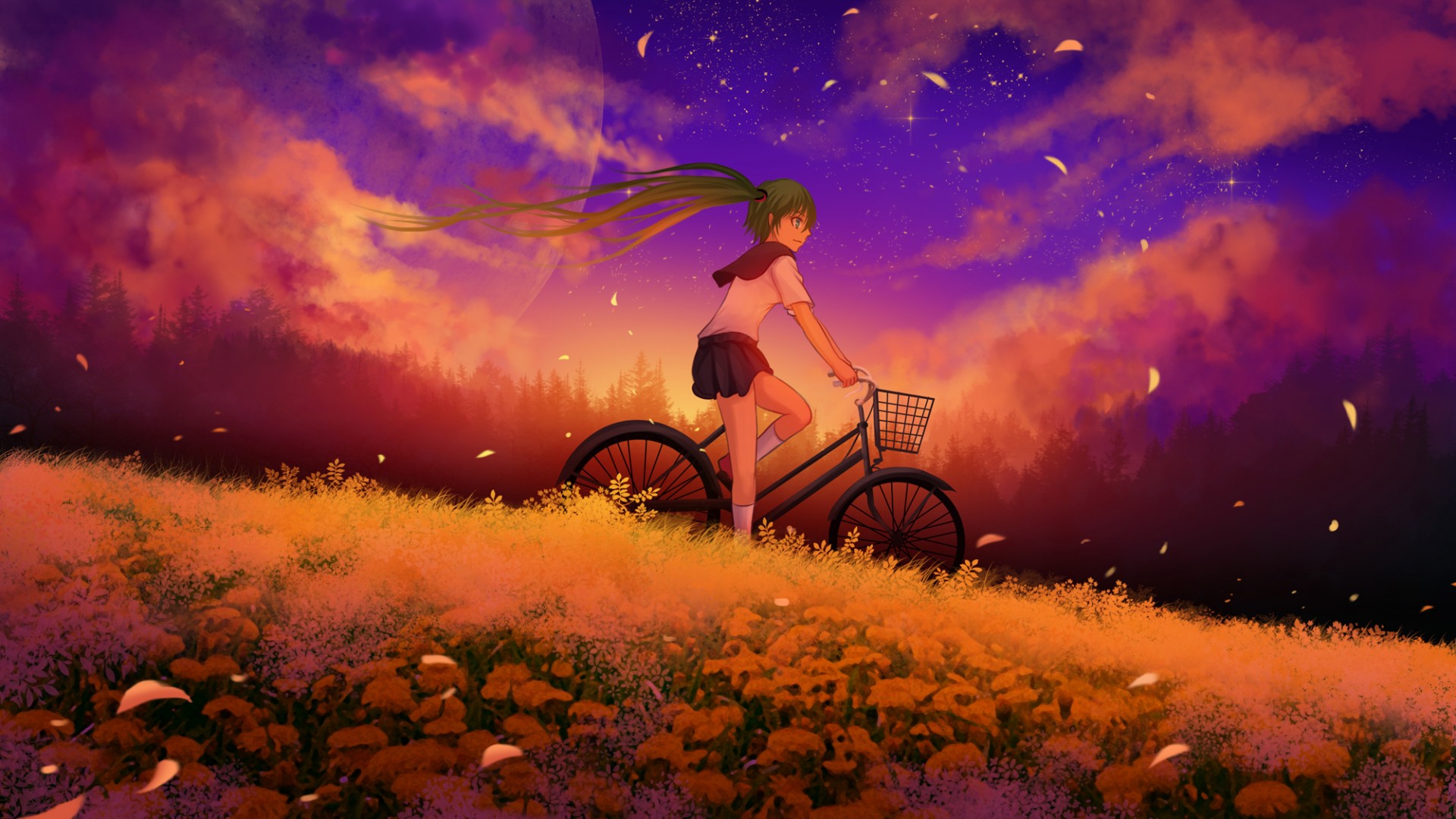 初音未来，女孩，单车，日落，动漫风景电脑桌面高清壁纸