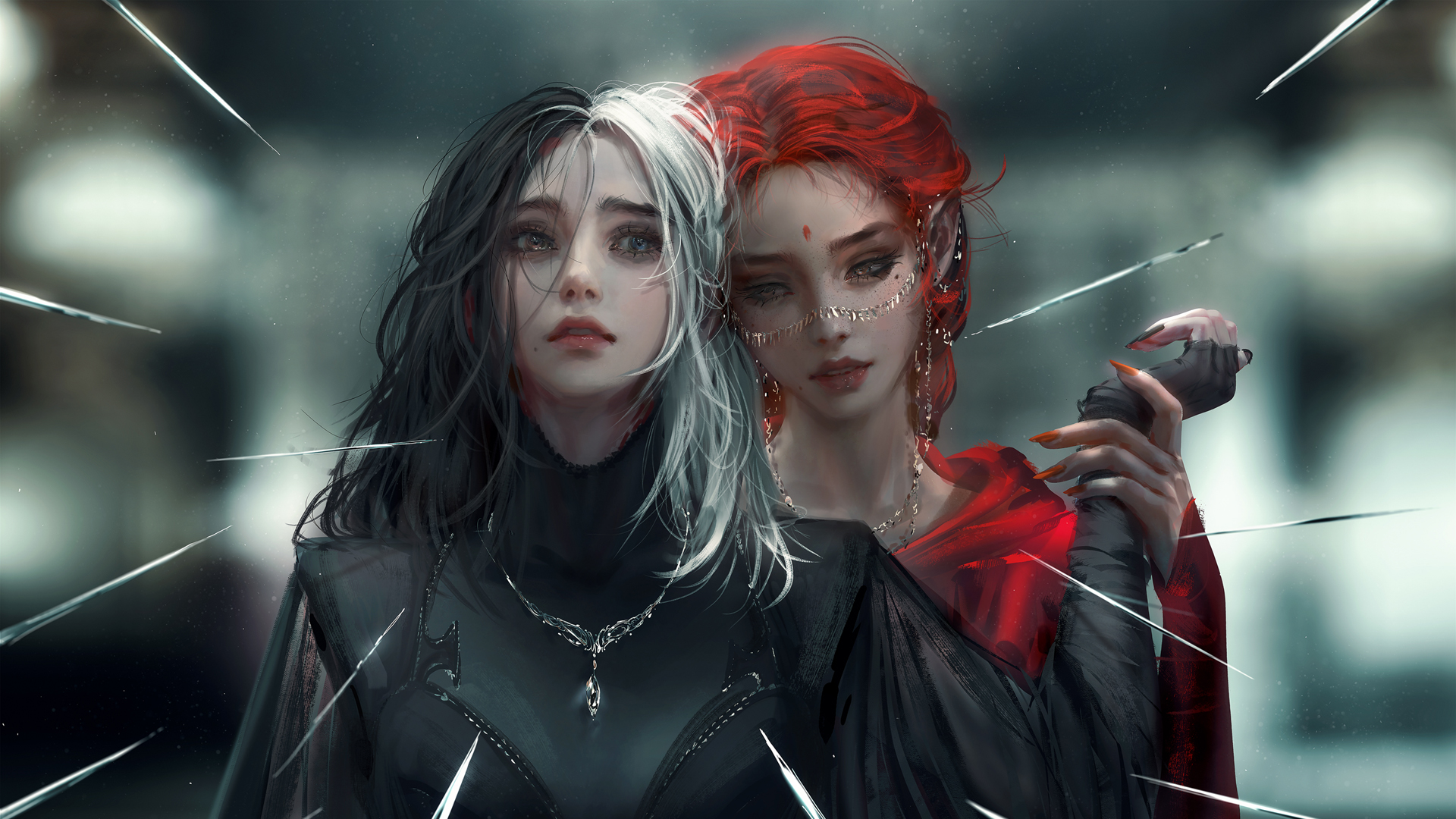 黑白魔女 红色头发唯美美女厚涂画高清壁纸