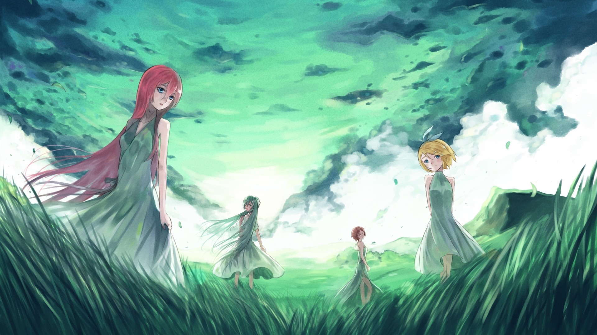 四个女孩，天空风景，明光，镜音铃，初音未来桌面高清壁纸