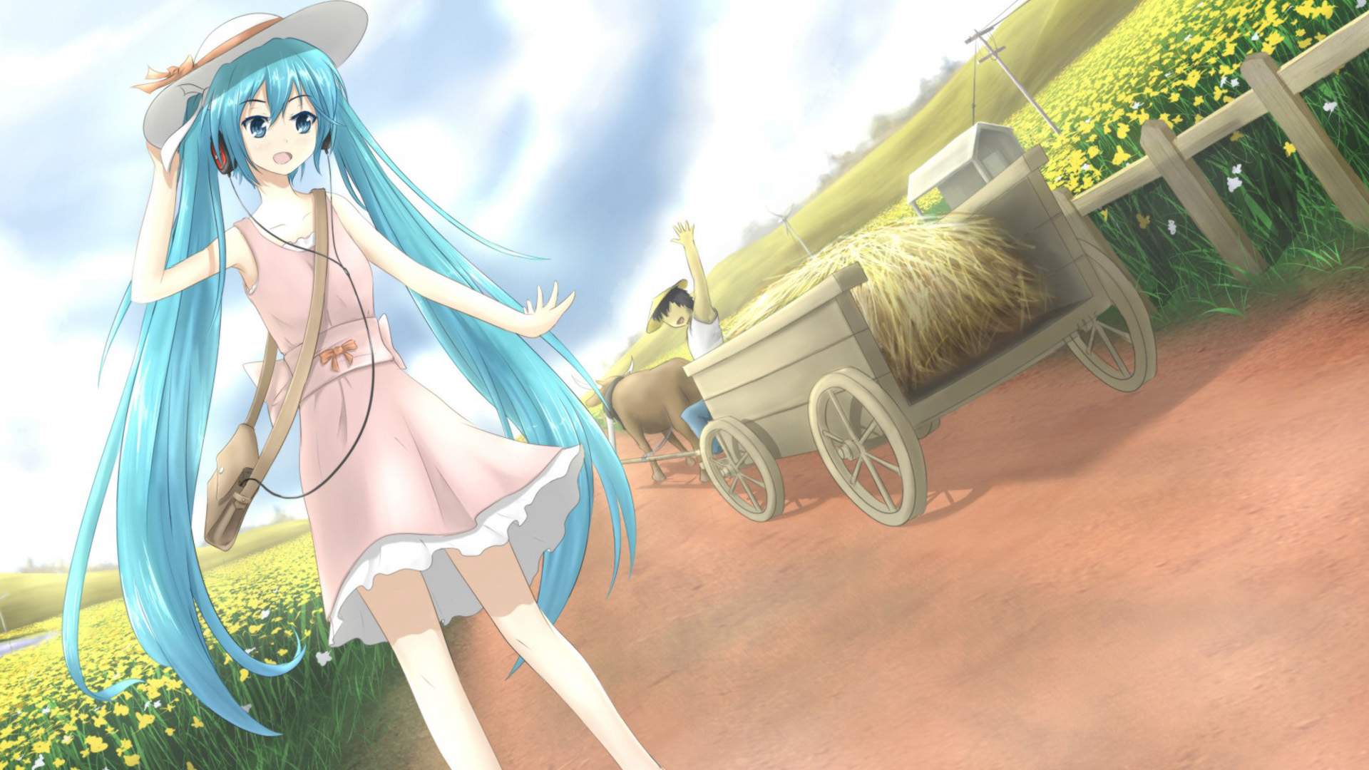 初音未来,农场,小伙子,马车,精美动漫高清壁纸