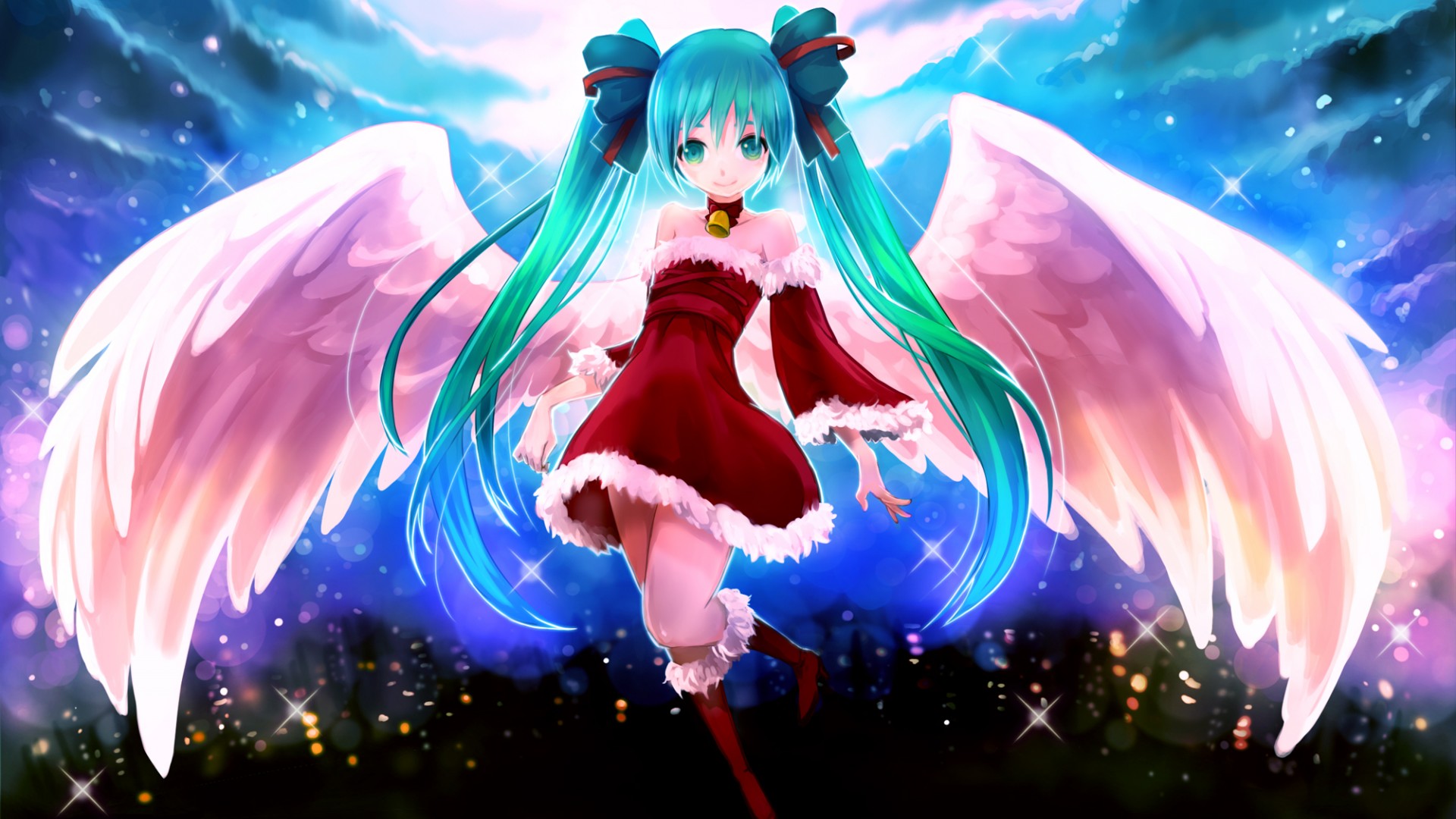 女孩,初音未来,羽毛,天使,翅膀,星空,可爱动漫桌面高清壁纸