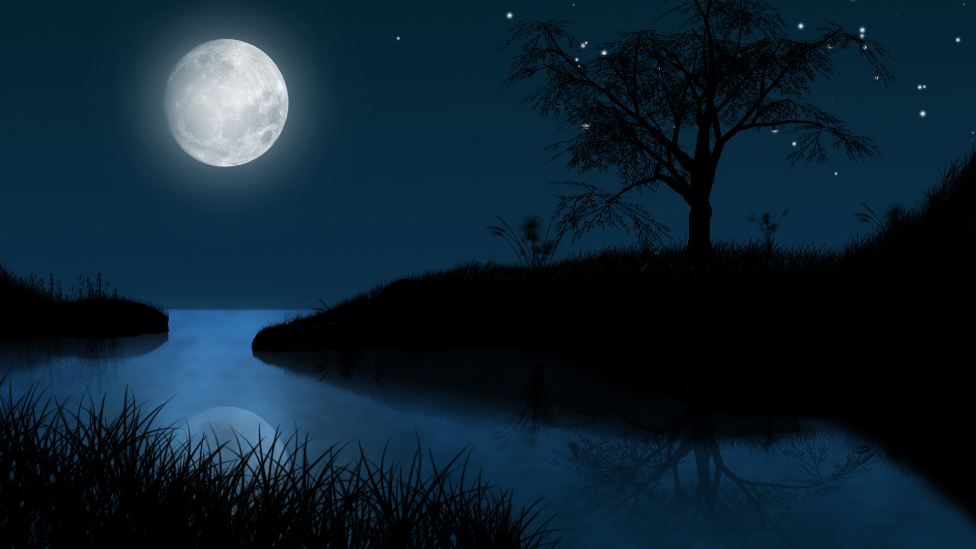 夜晚,月亮,山水,人物,唯美意境风景桌面高清壁纸